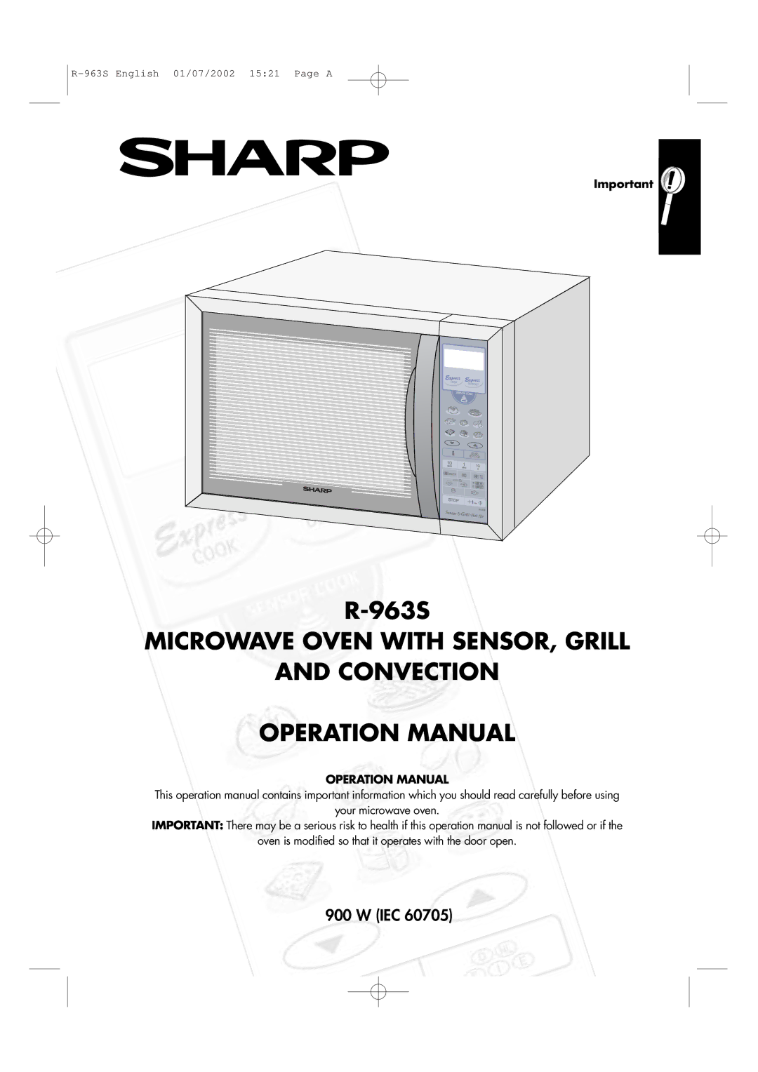 Sharp R-963S operation manual Microwave Oven with SENSOR, Grill Convection 