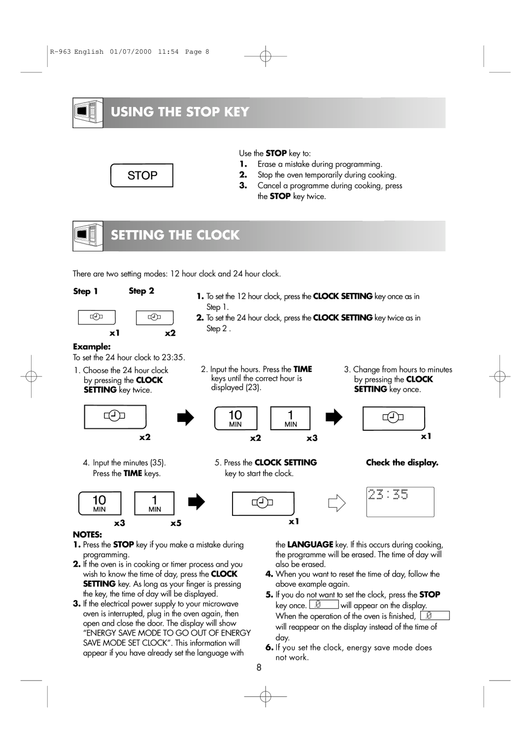 Sharp R-963S operation manual Using the Stop KEY, Setting the Clock, Step 