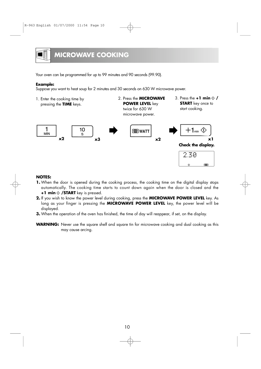 Sharp R-963S operation manual Microwave Cooking, Power Level key, X1 Check the display 