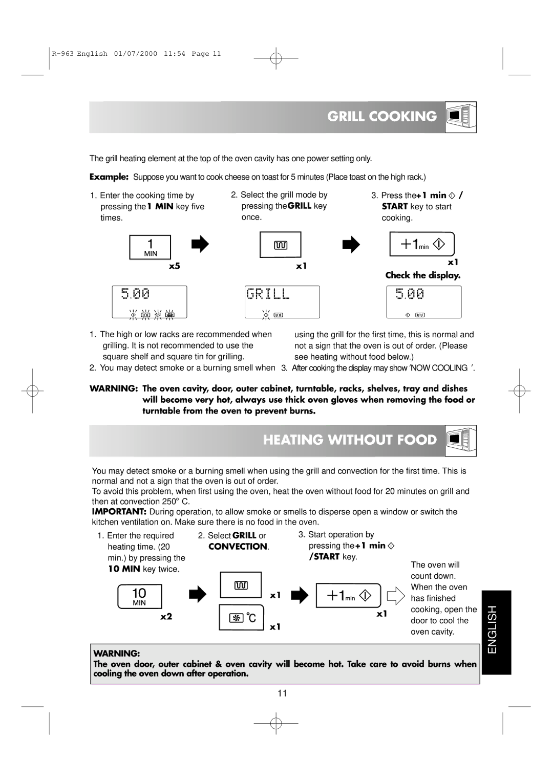 Sharp R-963S operation manual Grill Cooking, Heating Without Food, Convection 