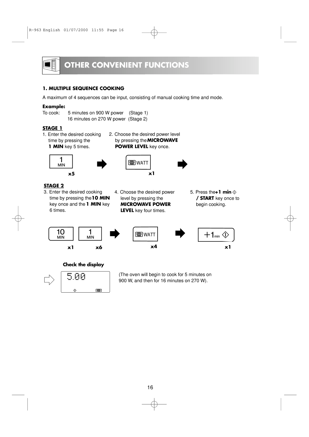 Sharp R-963S operation manual Other Convenient Functions, Multiple Sequence Cooking, Stage, Microwave Power 