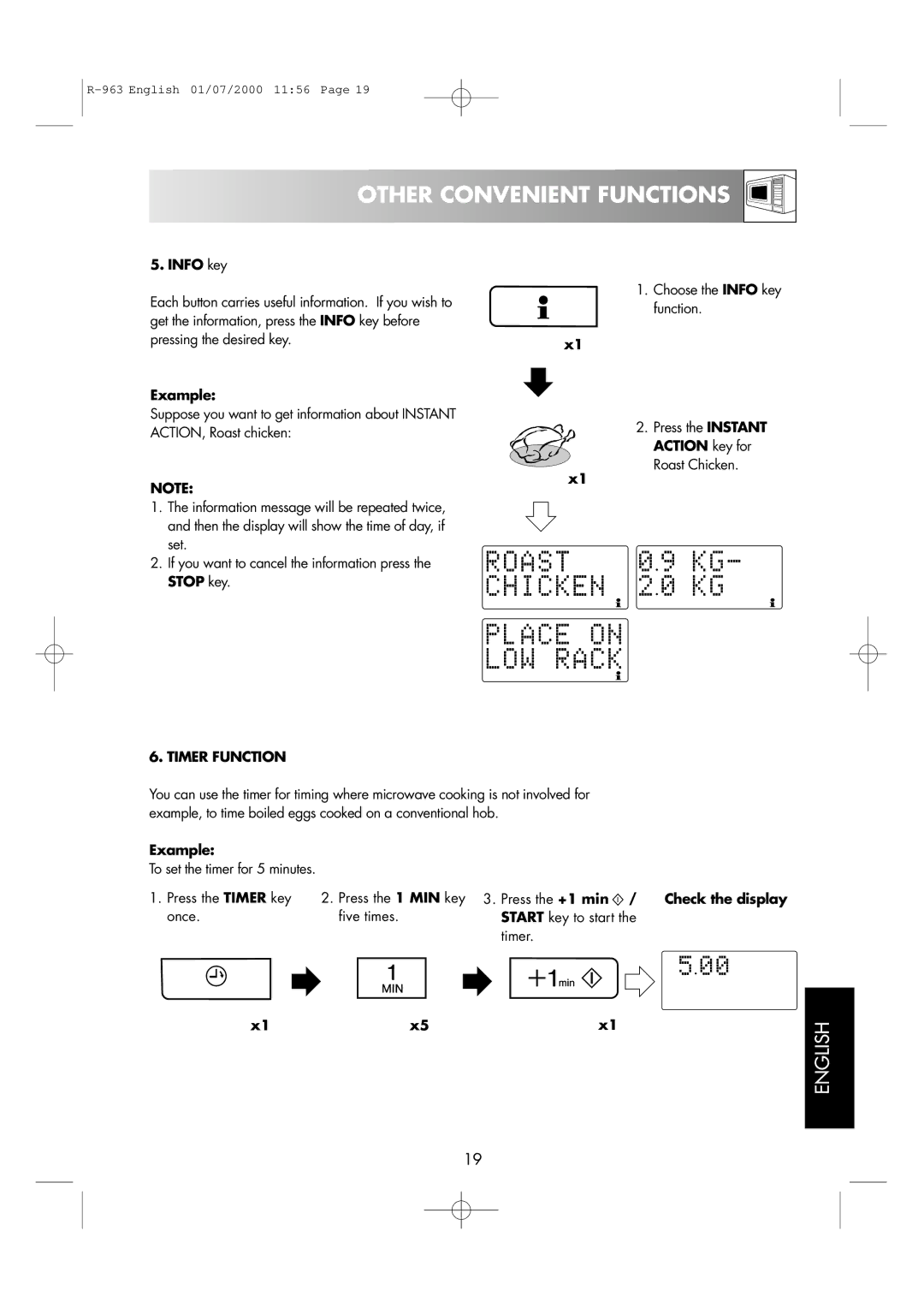 Sharp R-963S operation manual Other Convenient Functions, Timer Function, Action key for 