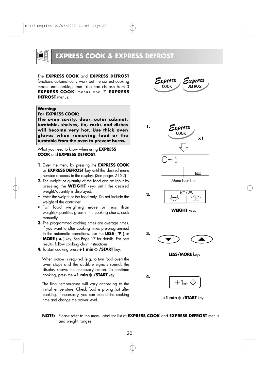 Sharp R-963S operation manual Express Cook & Express Defrost, To start cooking press +1 min /START key, Menu Number 