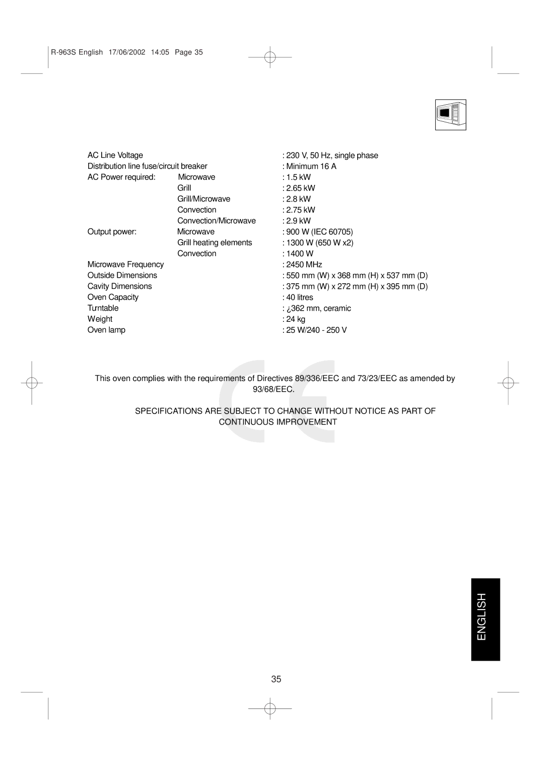 Sharp R-963S operation manual Specifications, Output power Microwave 