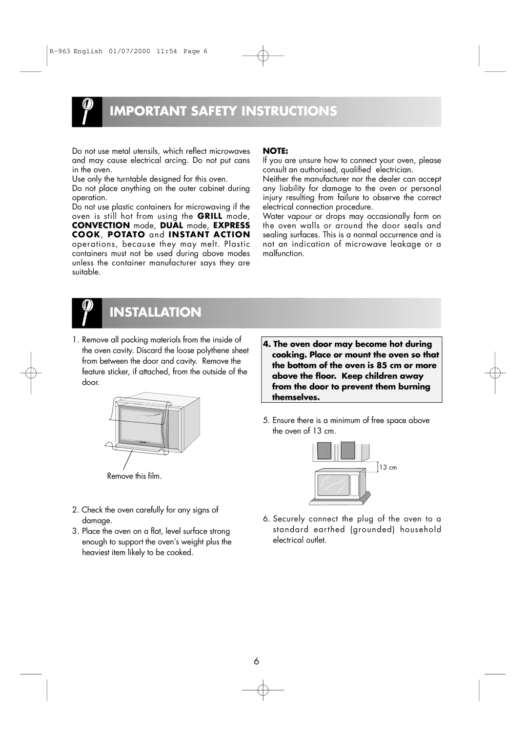 Sharp R-963S operation manual Installation 