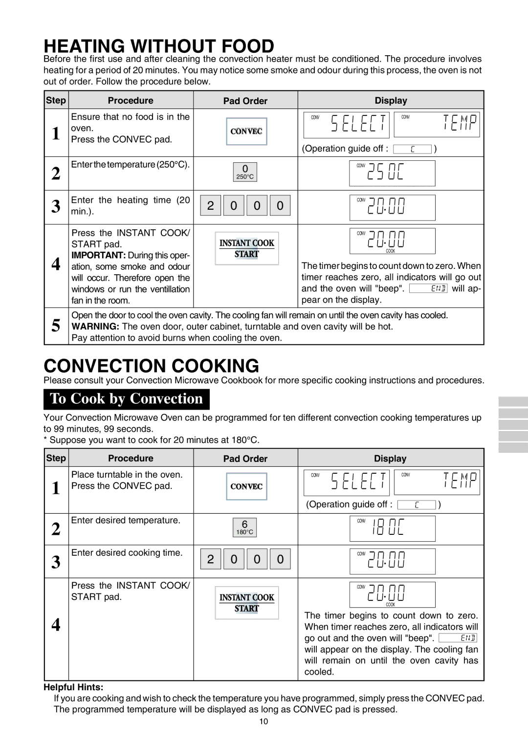 Sharp R-980E operation manual Heating Without Food, Convection Cooking, To Cook by Convection, Helpful Hints 