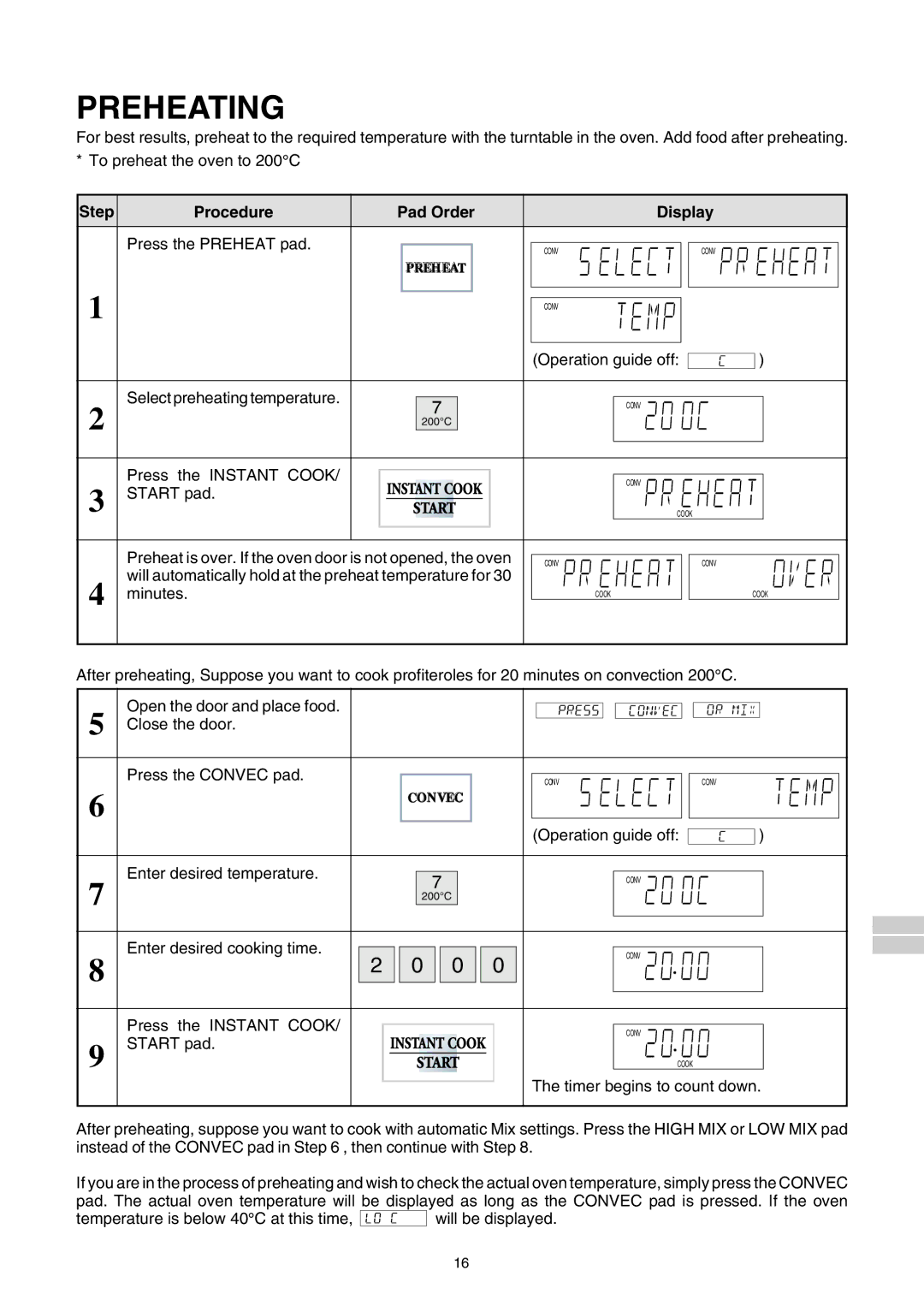 Sharp R-980E operation manual Preheating, Step Procedure Pad Order Display Press the Preheat pad 