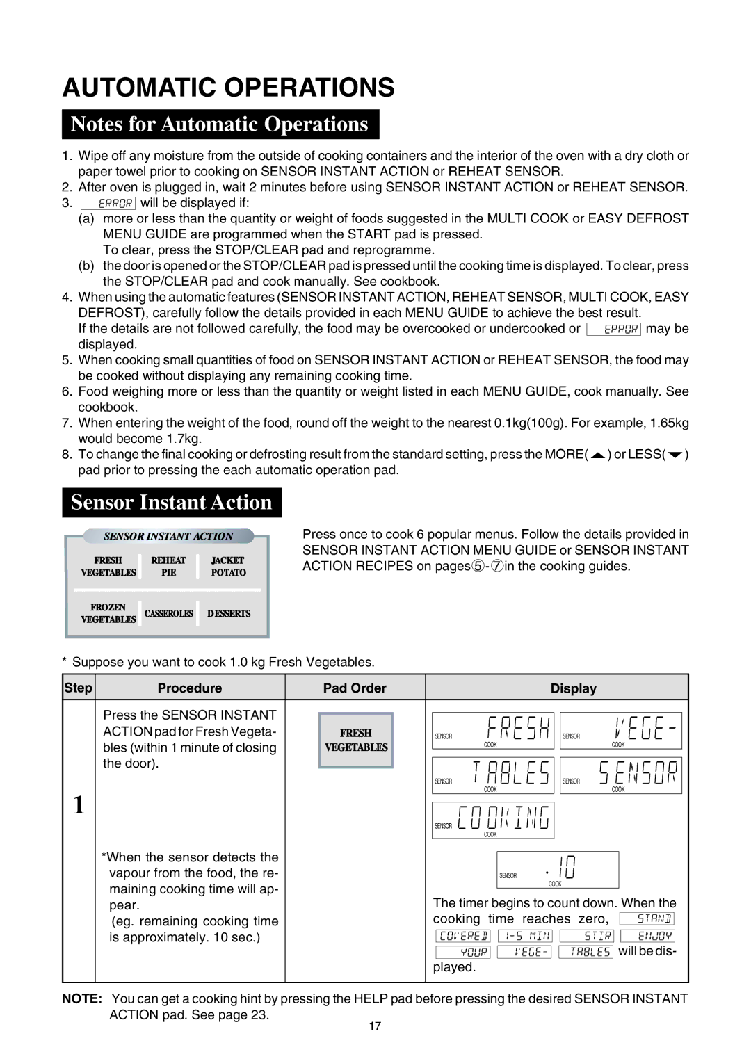 Sharp R-980E operation manual Automatic Operations, Sensor Instant Action 