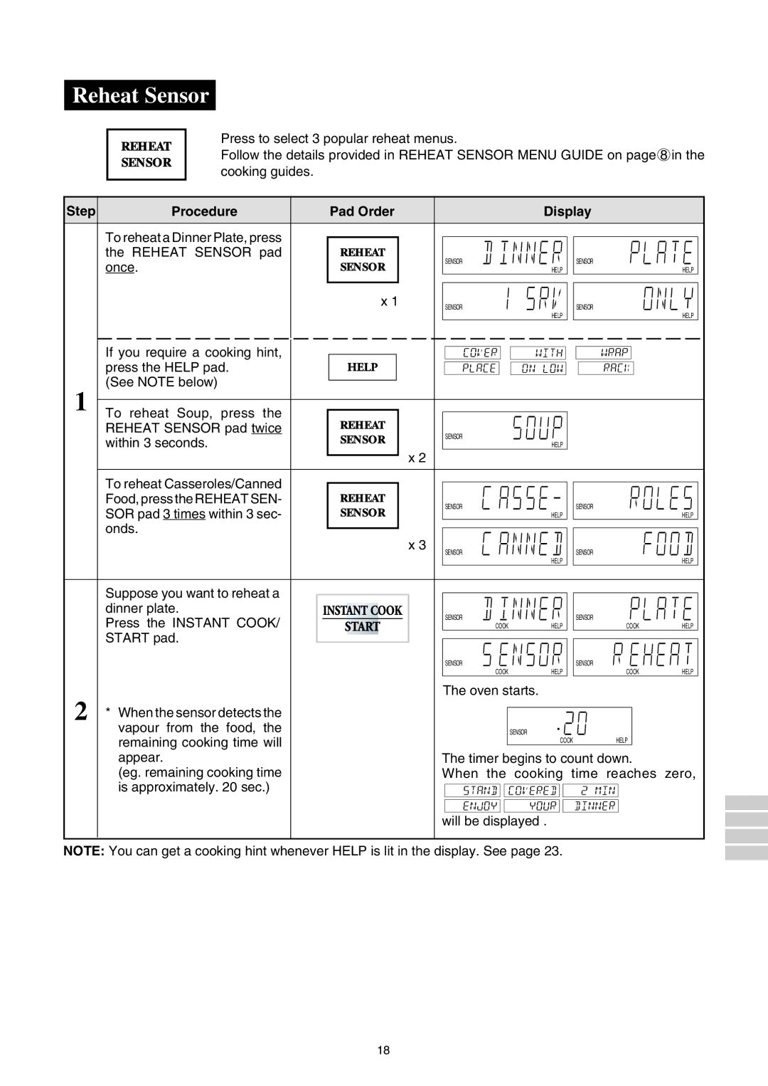 Sharp R-980E operation manual Reheat Sensor 