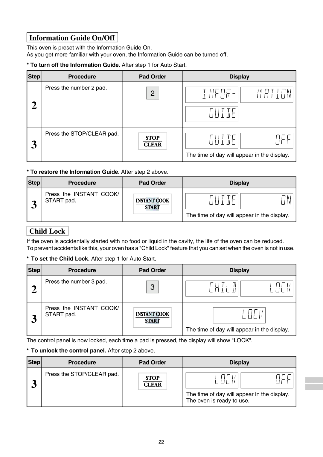 Sharp R-980E operation manual Information Guide On/Off, Step Procedure Pad Order Display Press the number 3 pad 