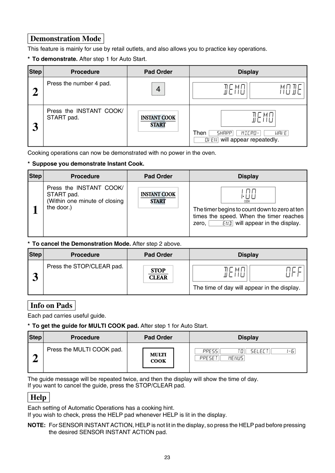 Sharp R-980E operation manual Demonstration Mode, Step Procedure Pad Order Display Press the number 4 pad 