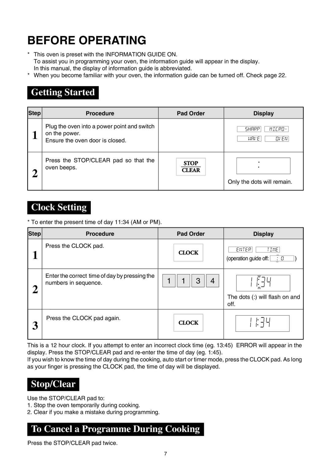 Sharp R-980E Before Operating, Getting Started, Clock Setting, Stop/Clear, To Cancel a Programme During Cooking 