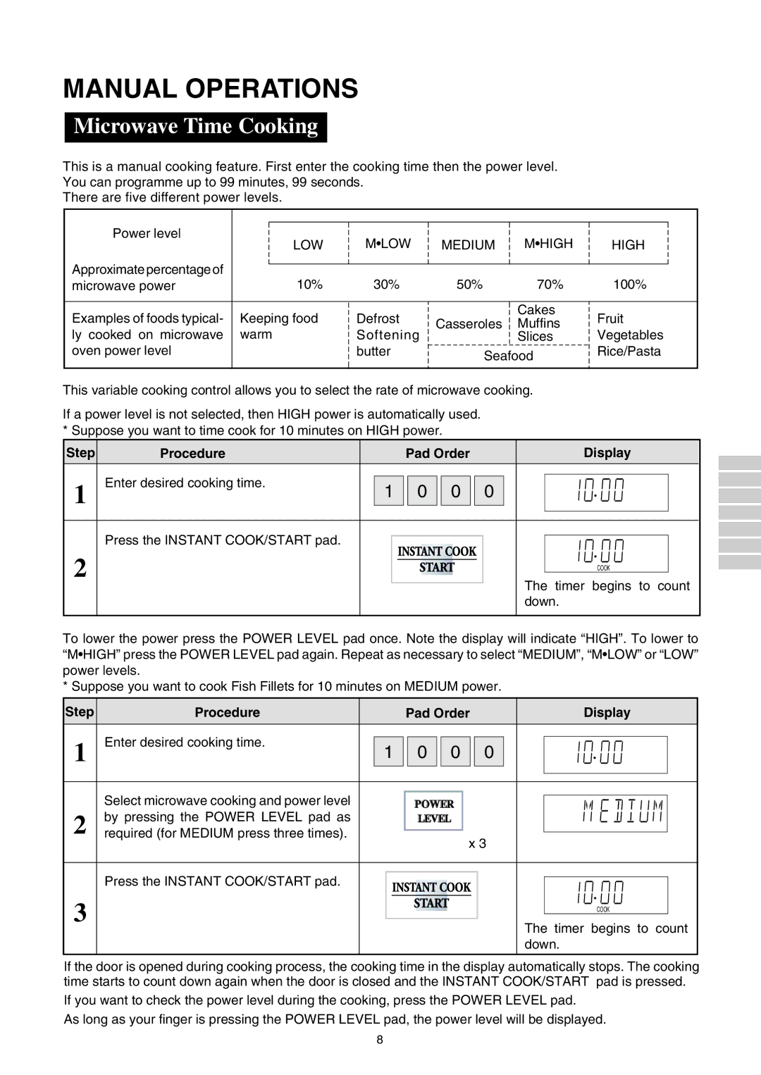 Sharp R-980E operation manual Manual Operations, Microwave Time Cooking, Timer begins to count, Down 