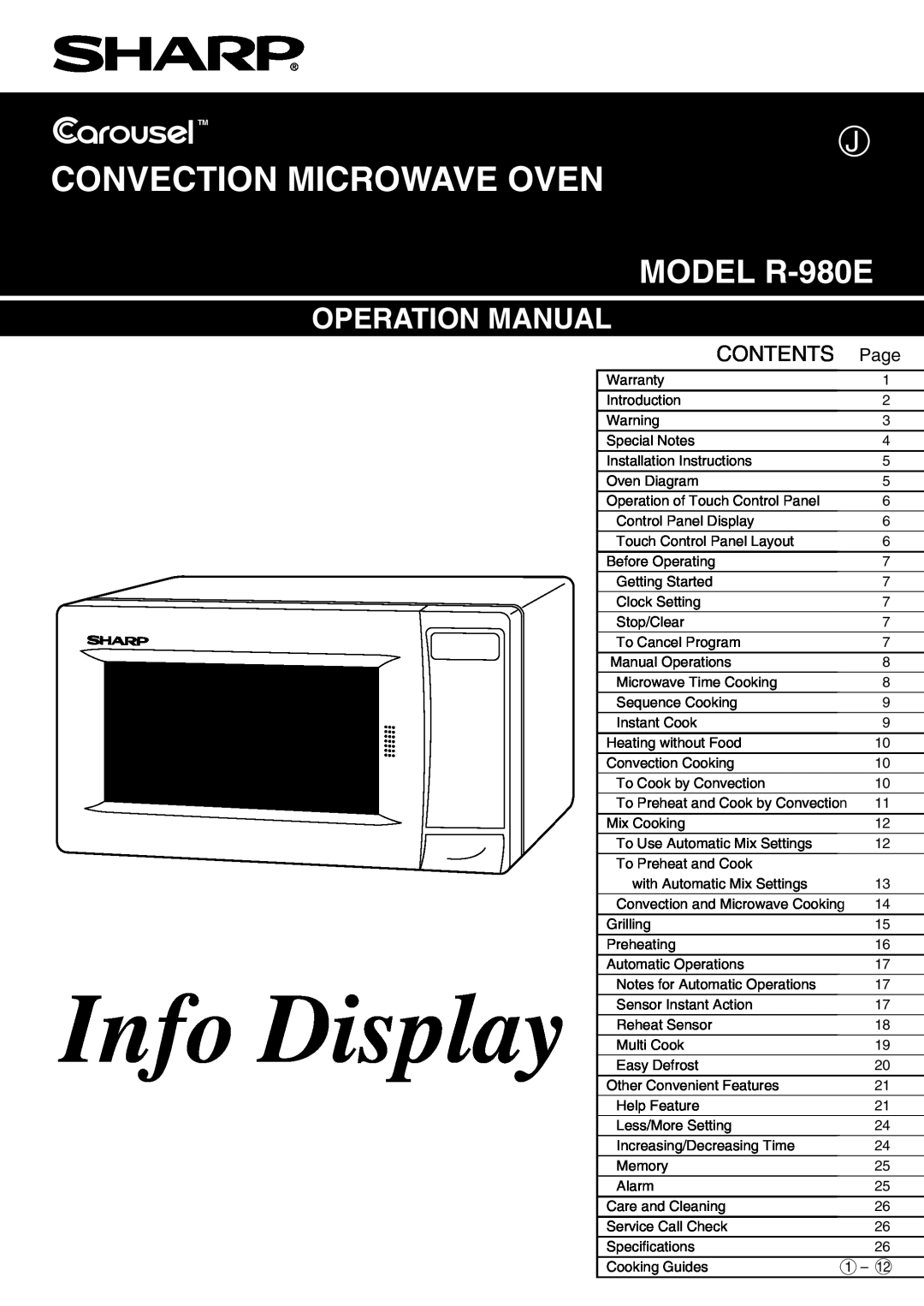 Sharp operation manual Page, Info Display, Convection Microwave Oven, MODEL R-980E, Contents 