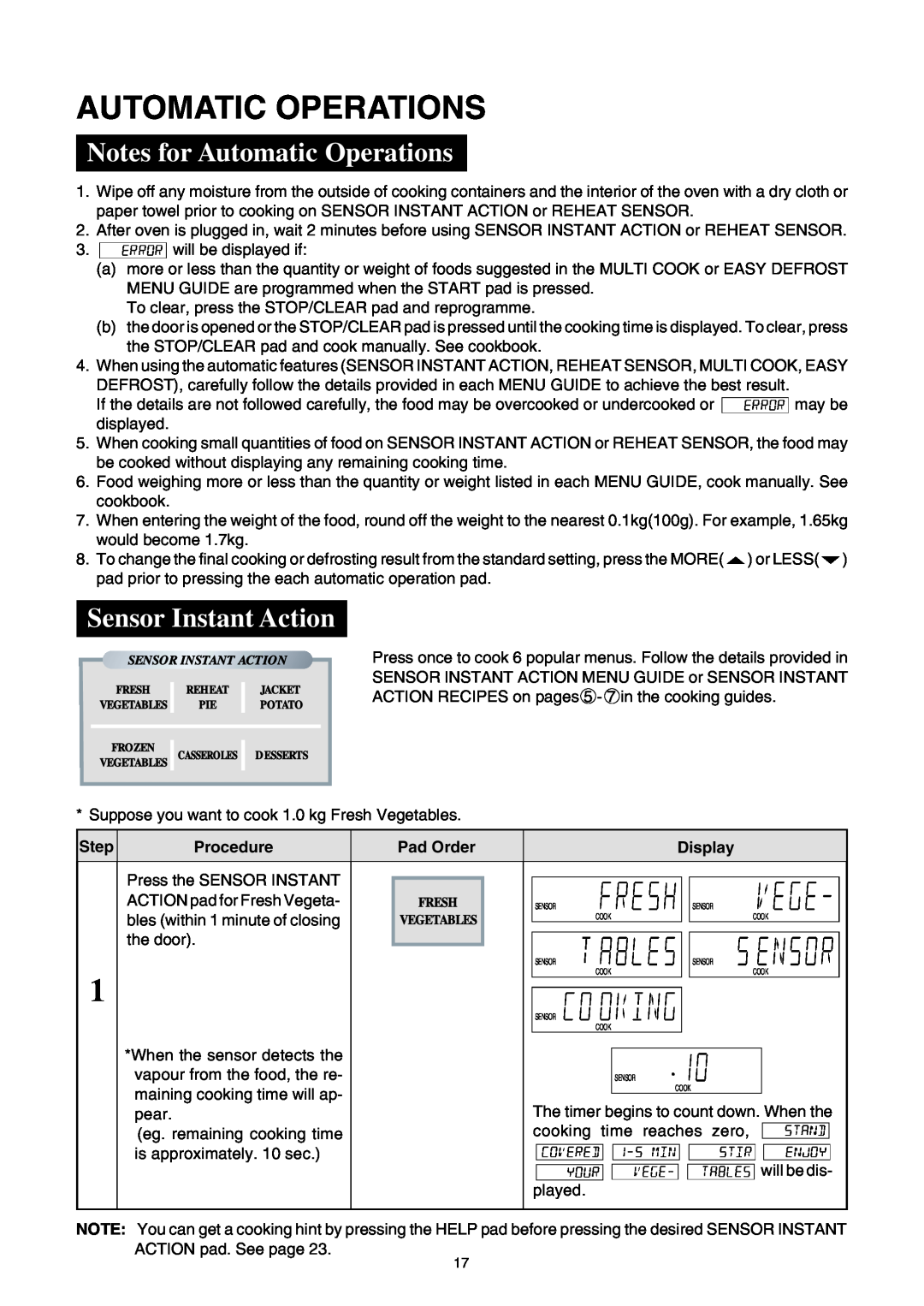Sharp R-980E operation manual Notes for Automatic Operations, Sensor Instant Action 
