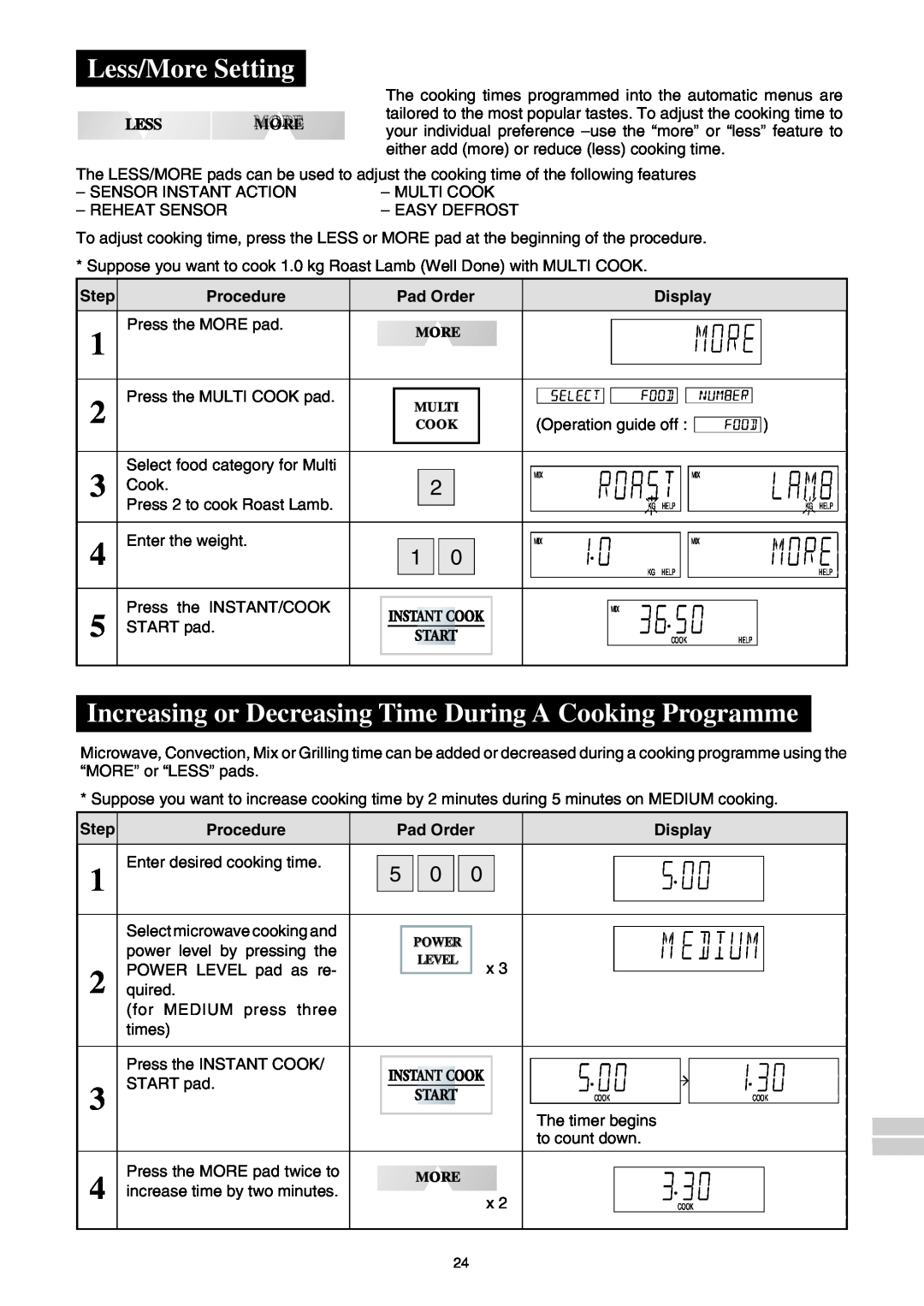 Sharp R-980E operation manual Less/More Setting, Increasing or Decreasing Time During A Cooking Programme, Lessmore 