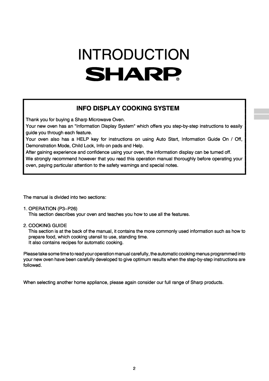 Sharp R-980E operation manual Info Display Cooking System, Introduction 