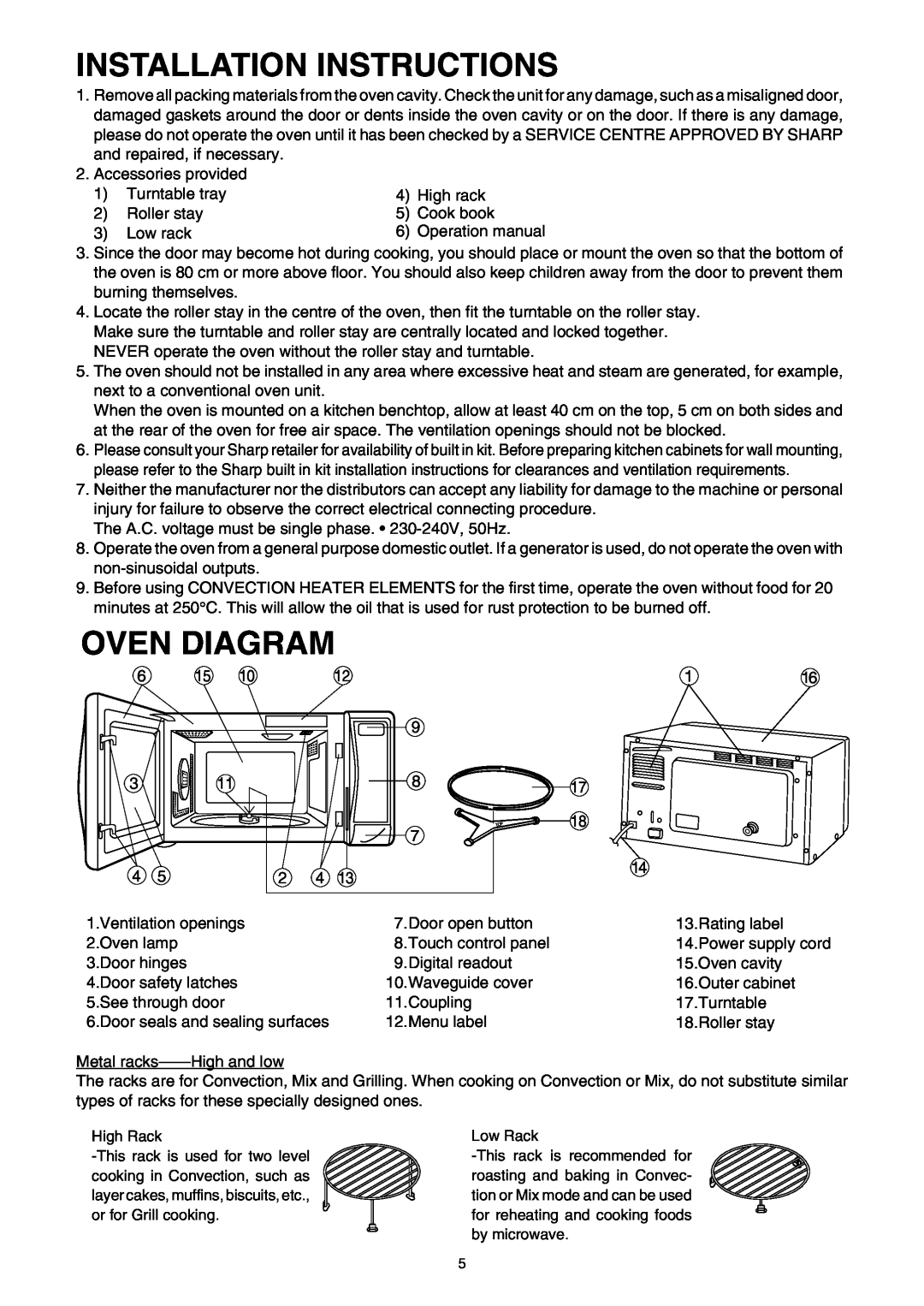 Sharp R-980E operation manual Installation Instructions, Oven Diagram 