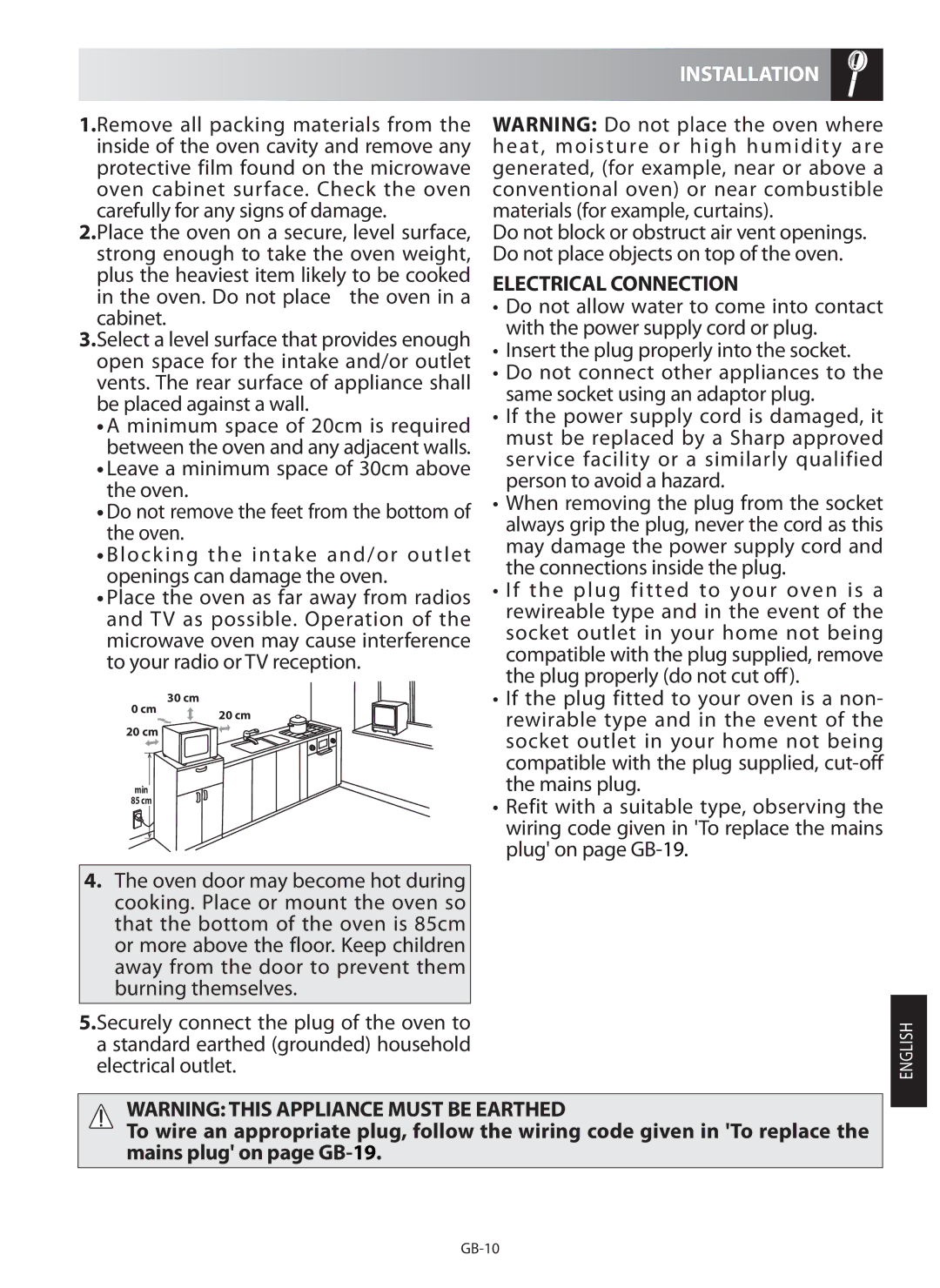 Sharp R-982STM operation manual Installation, Electrical Connection 