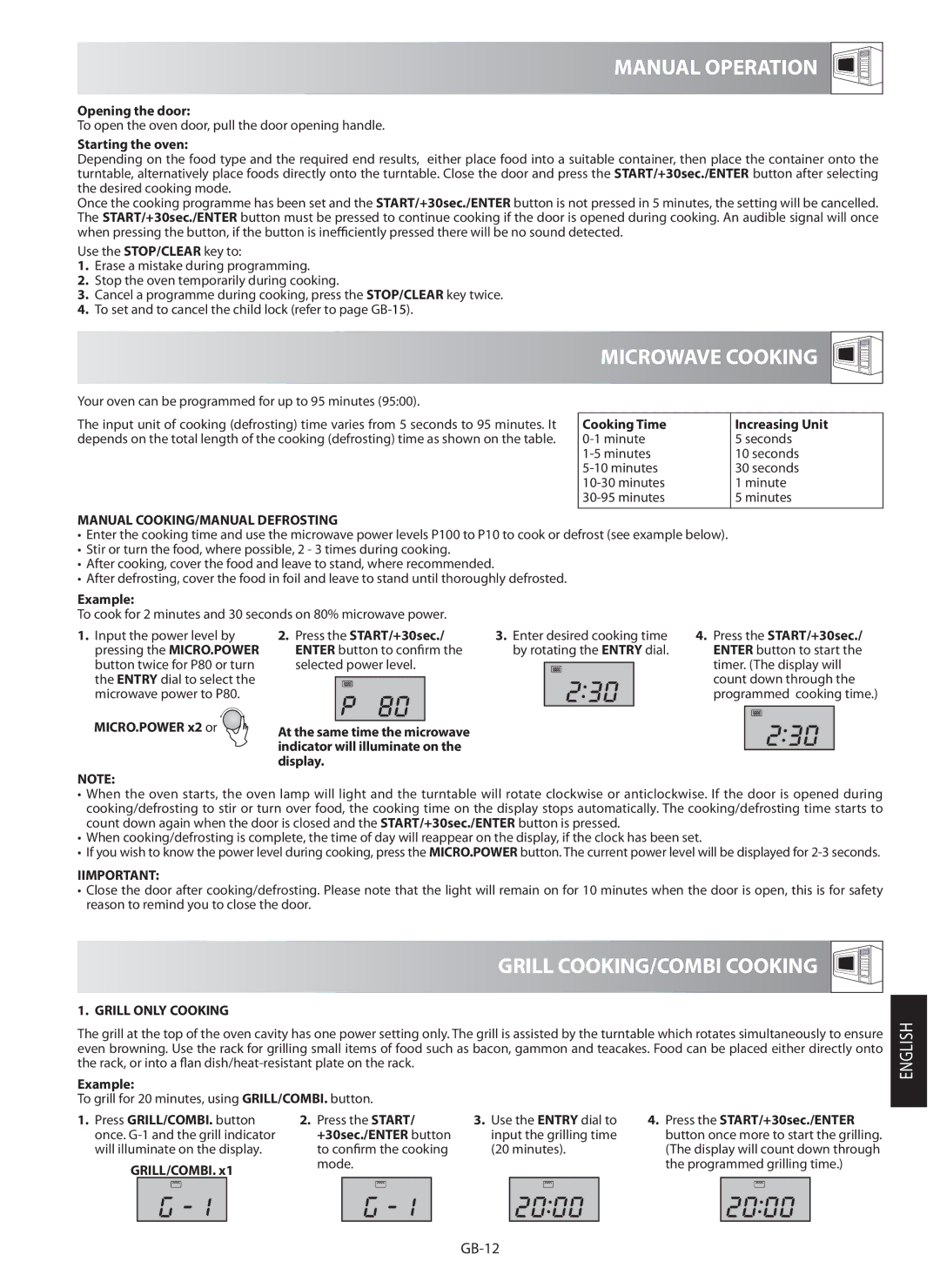 Sharp R-982STM operation manual Manual Operation, Microwave Cooking, Grill COOKING/COMBI Cooking 