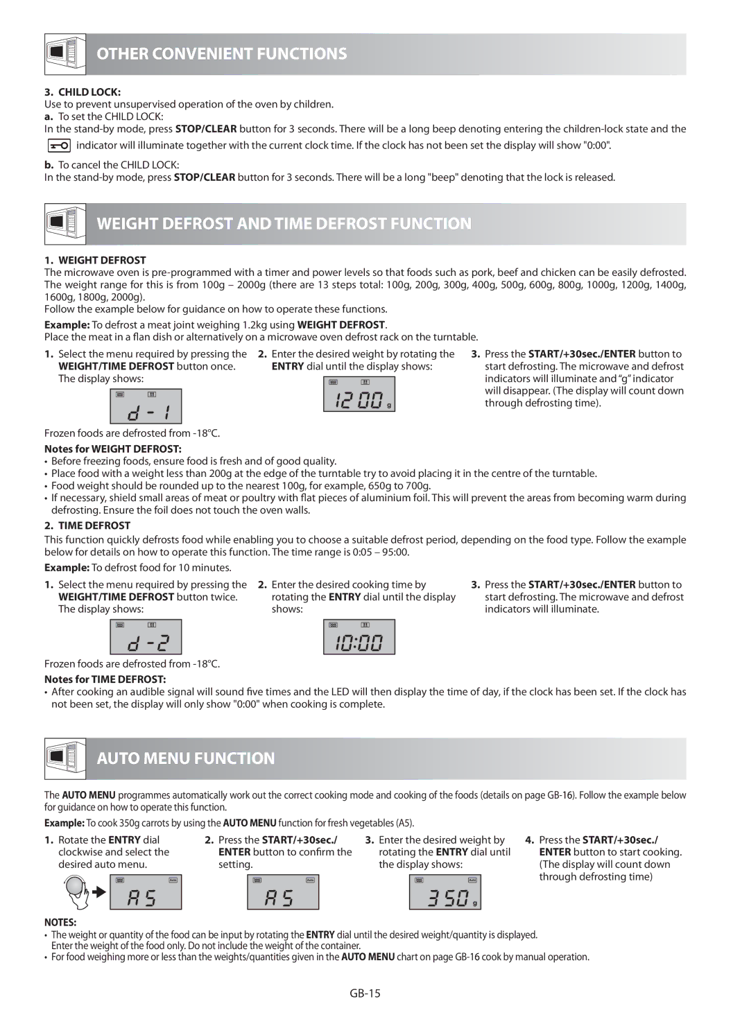 Sharp R-982STM operation manual Weight Defrost and Time Defrost Function, Auto Menu Function, Child Lock 