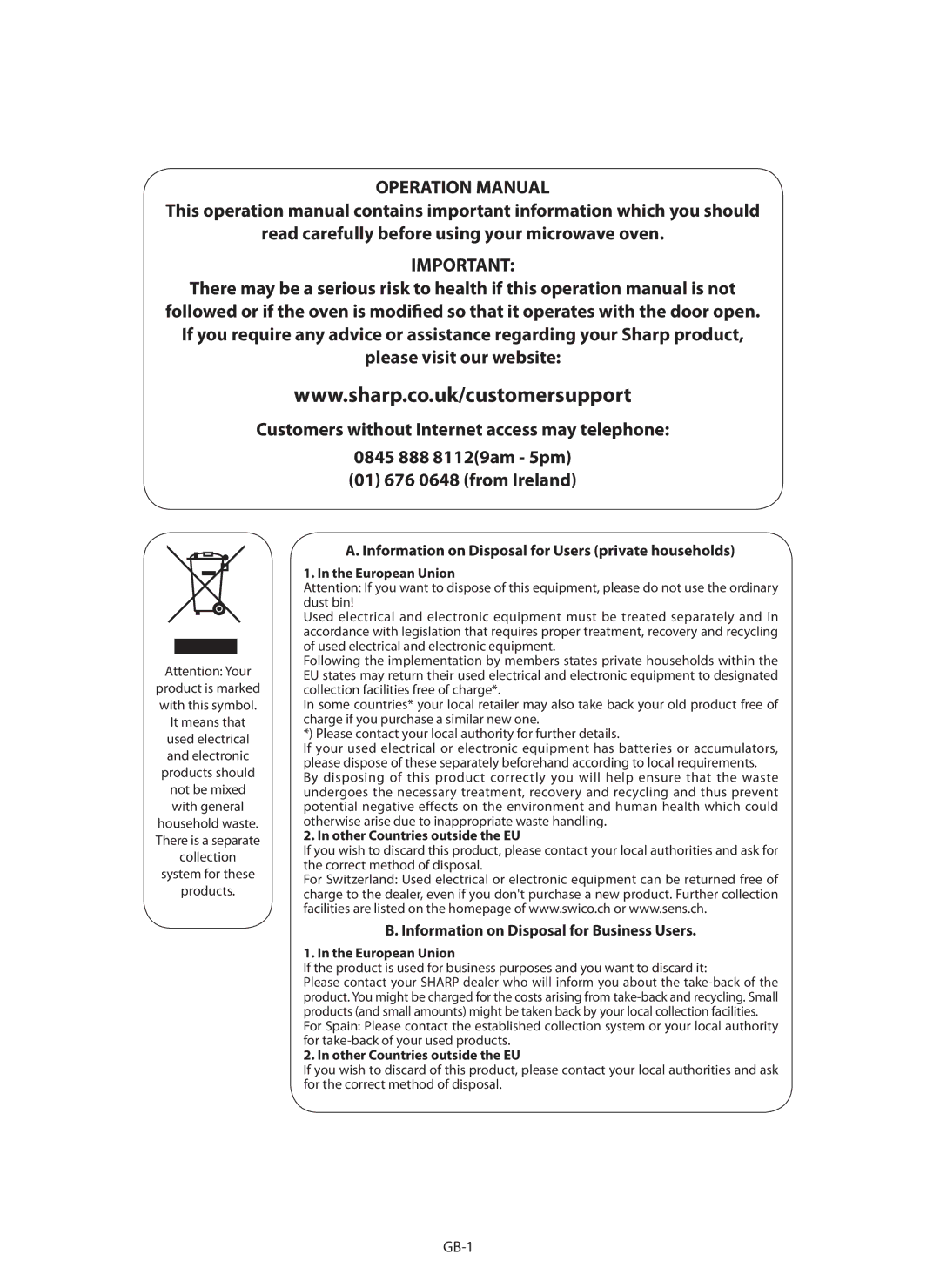 Sharp R-982STM operation manual European Union, Other Countries outside the EU 