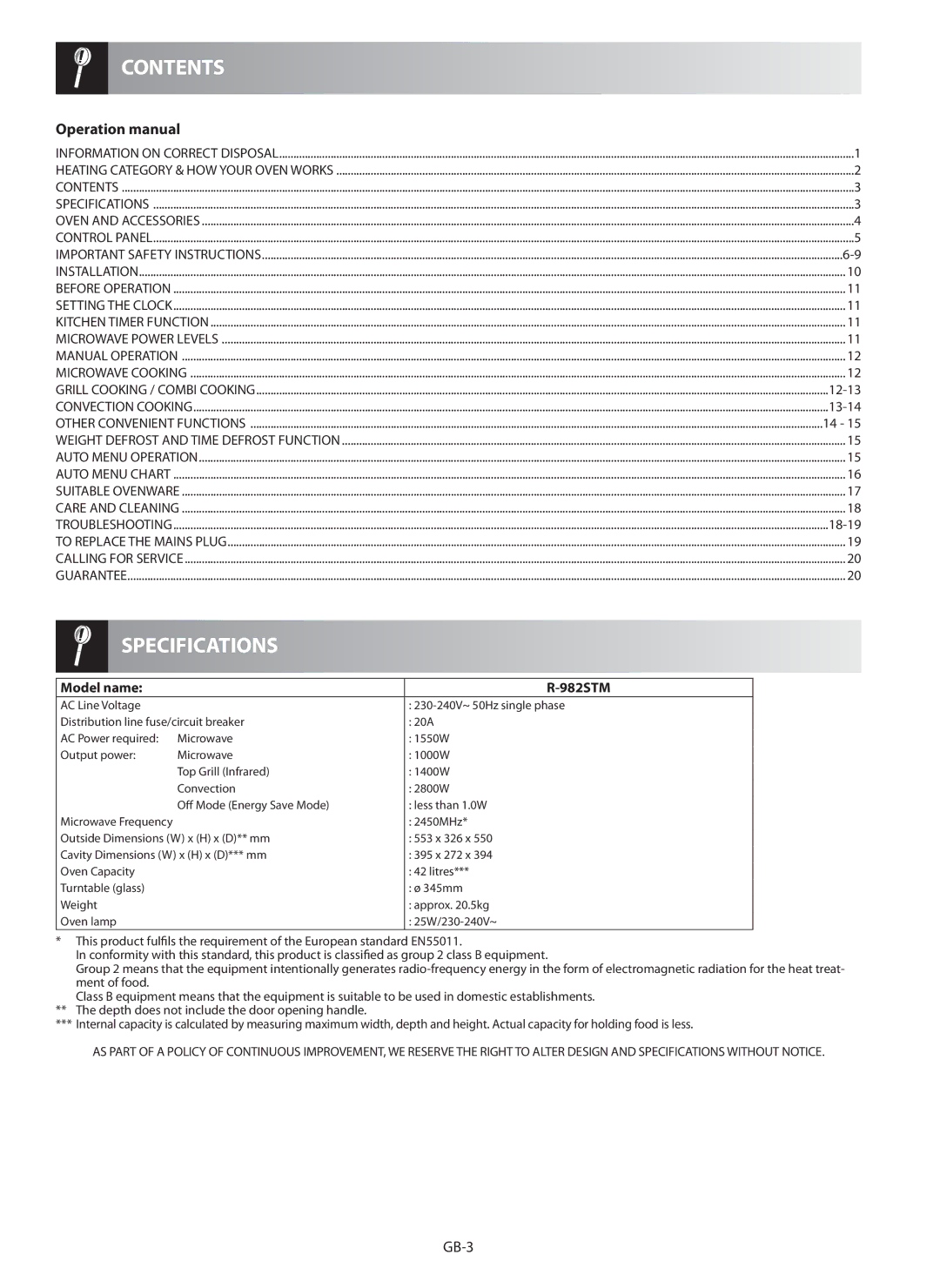 Sharp R-982STM operation manual Contents, Specifications 