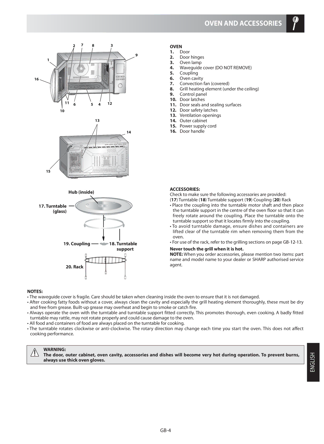 Sharp R-982STM operation manual Oven and Accessories, Never touch the grill when it is hot 