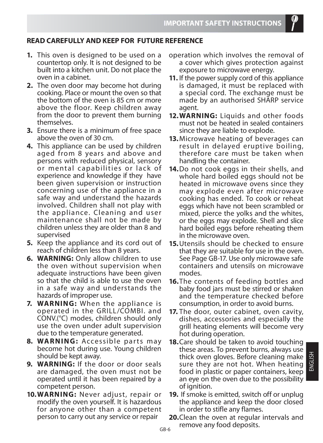 Sharp R-982STM operation manual Important Safety Instructions, Read Carefully and Keep for Future Reference 