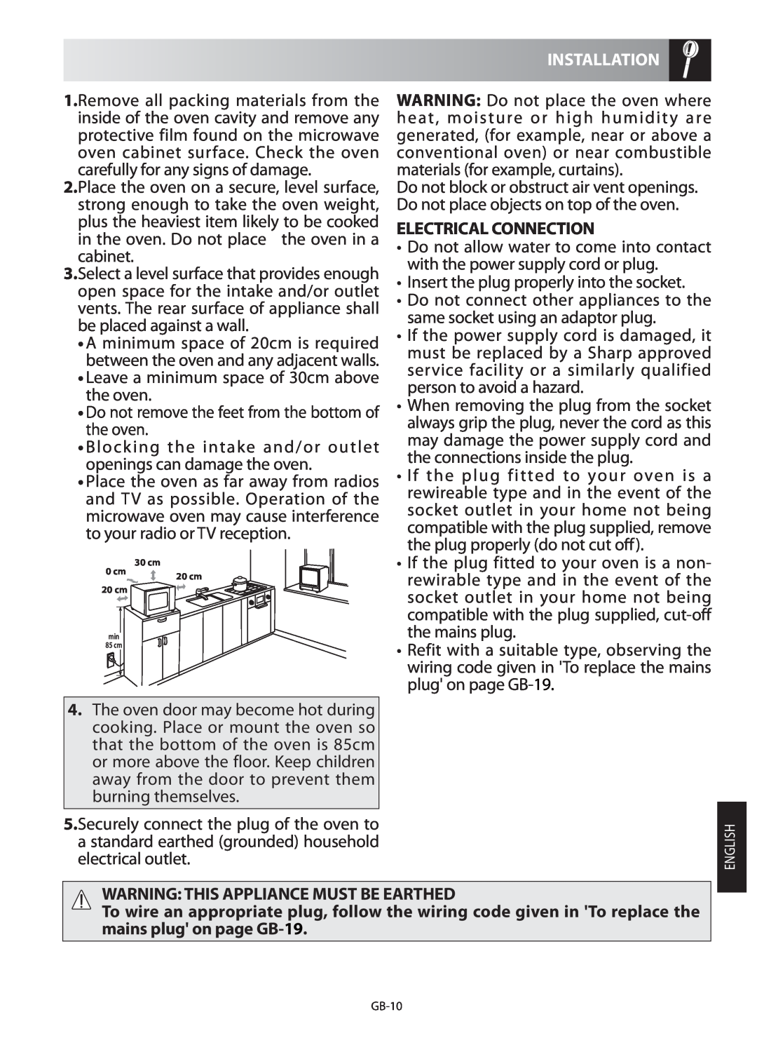 Sharp R-982STM operation manual Installation, Electrical Connection, Warning This Appliance Must Be Earthed 
