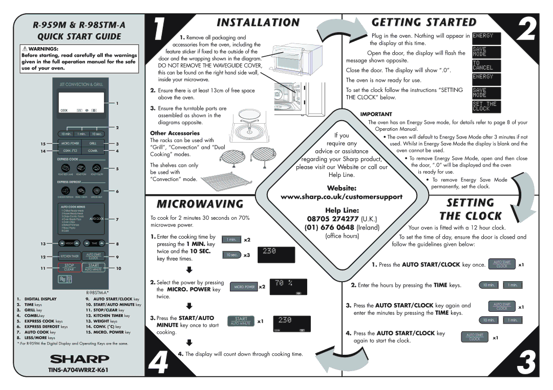 Sharp R-959M, R-98STM-A quick start Installation Getting Started, Microwaving Setting, Clock, Quick Start Guide 