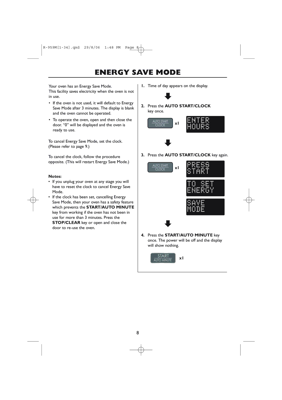 Sharp R-98STM-A, R-959M Energy Save Mode, Time of day appears on the display, Press the Auto START/CLOCK key once 