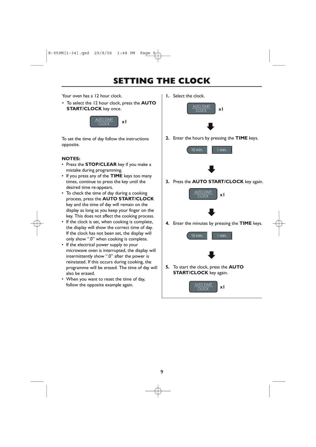 Sharp R-959M, R-98STM-A operation manual Setting the Clock 