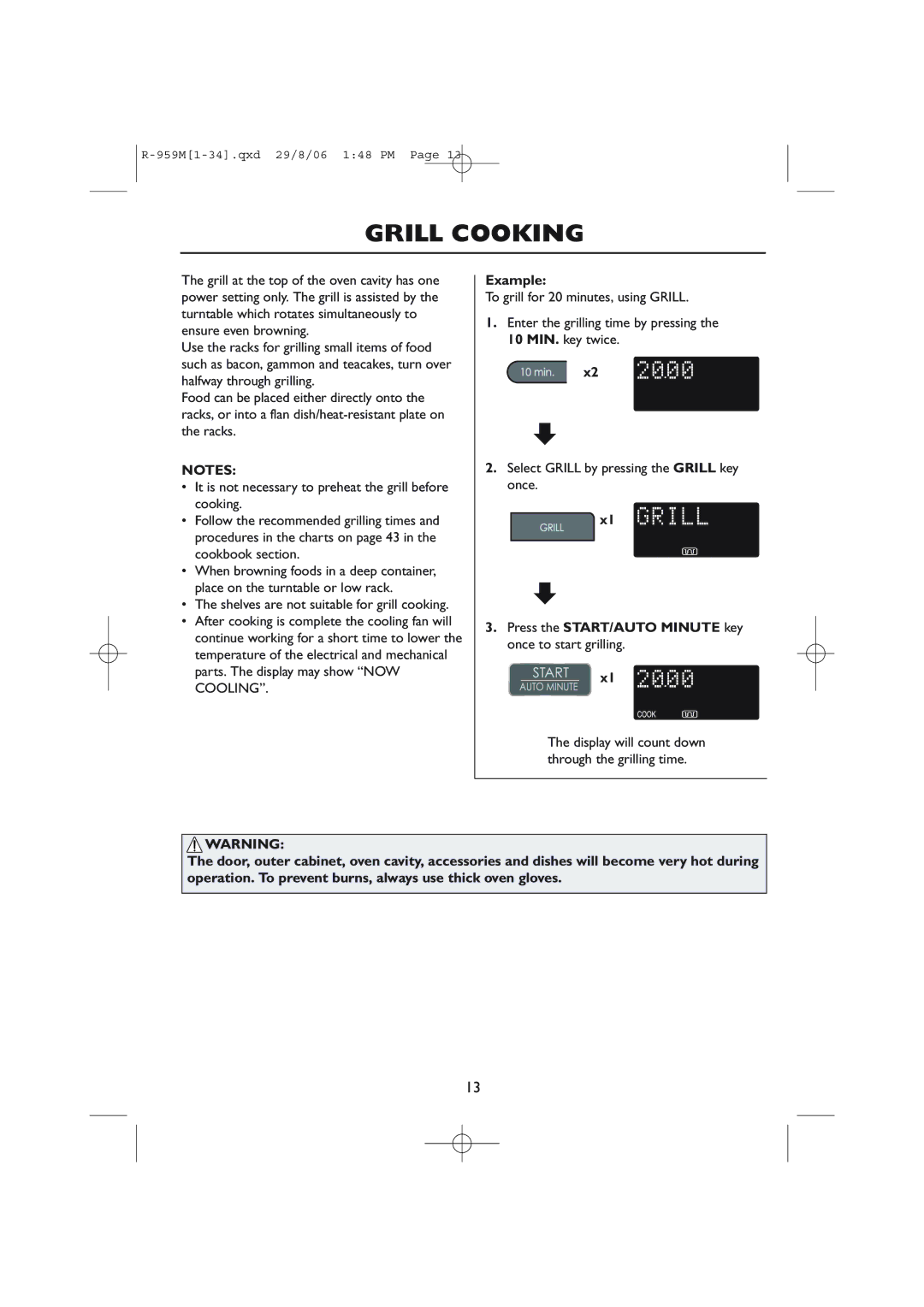 Sharp R-959M, R-98STM-A operation manual Grill Cooking, Press the START/AUTO Minute key once to start grilling 