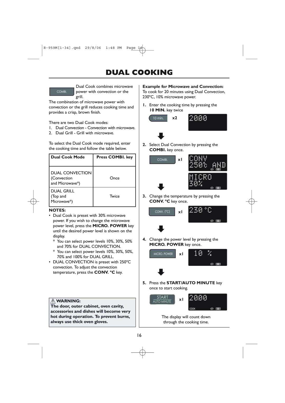 Sharp R-98STM-A, R-959M operation manual Dual Cooking, Dual Cook Mode Press COMBI. key 