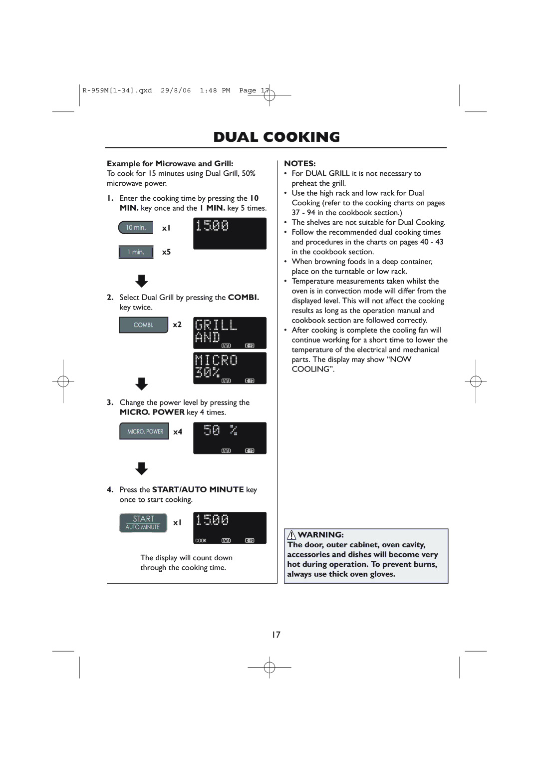 Sharp R-959M, R-98STM-A Example for Microwave and Grill, To cook for 15 minutes using Dual Grill, 50% microwave power 