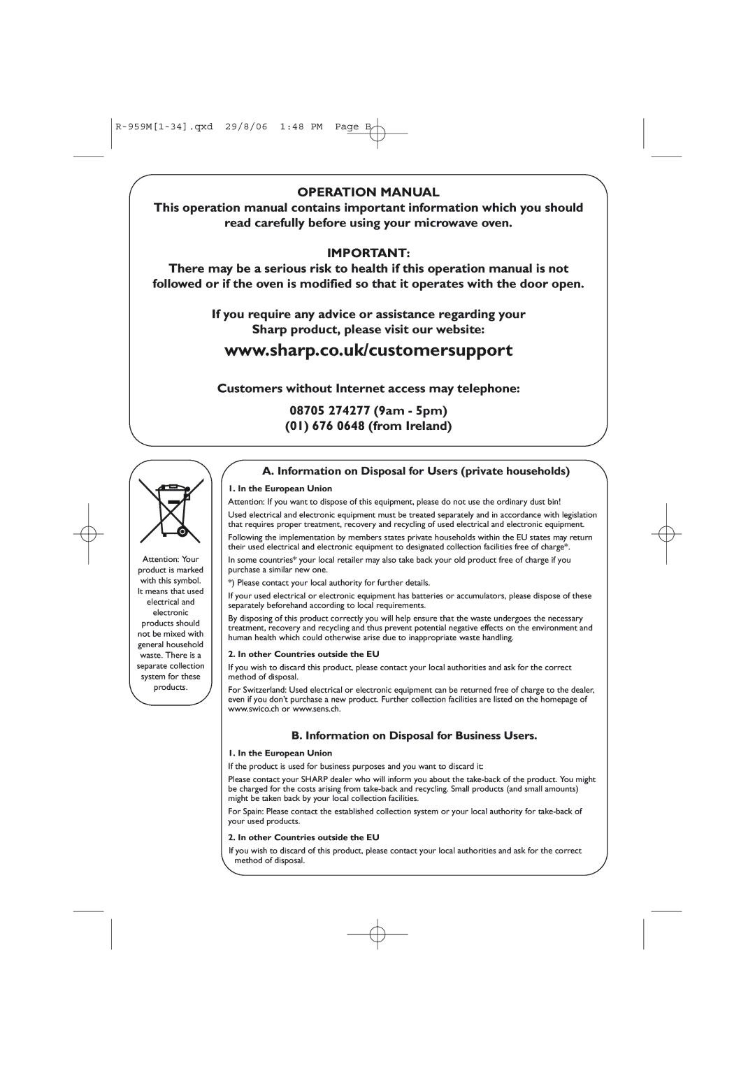 Sharp R-98STM-A, R-959M Information on Disposal for Users private households, Information on Disposal for Business Users 