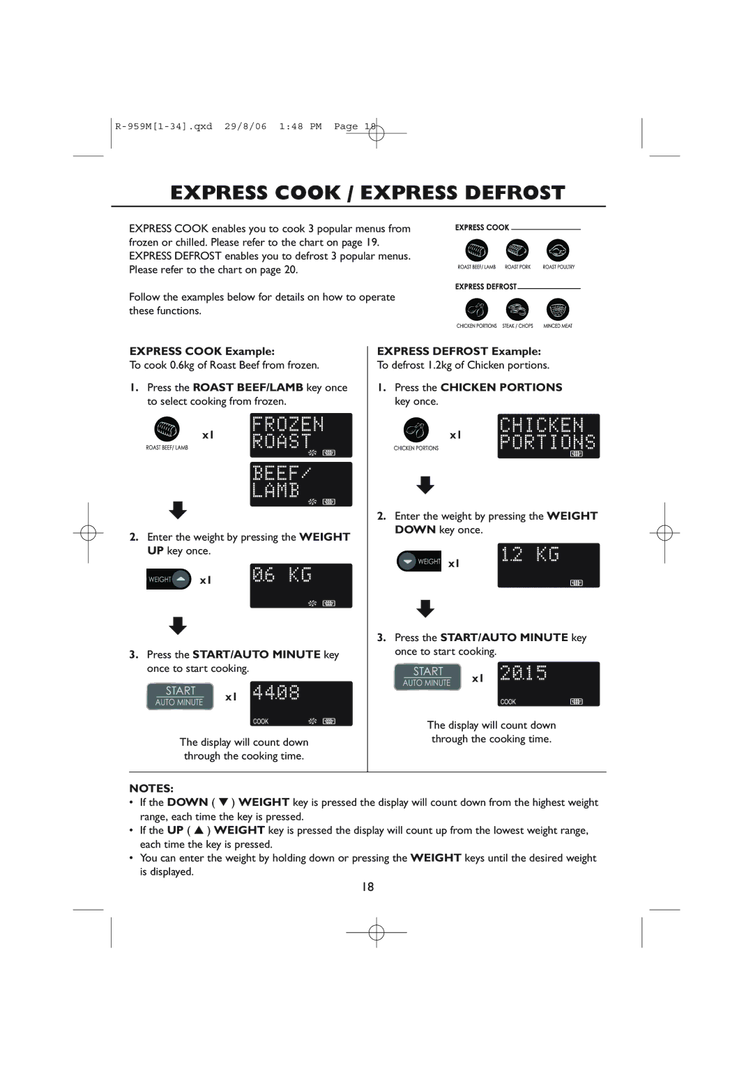 Sharp R-98STM-A, R-959M operation manual Express Cook / Express Defrost, Express Cook Example, Express Defrost Example 