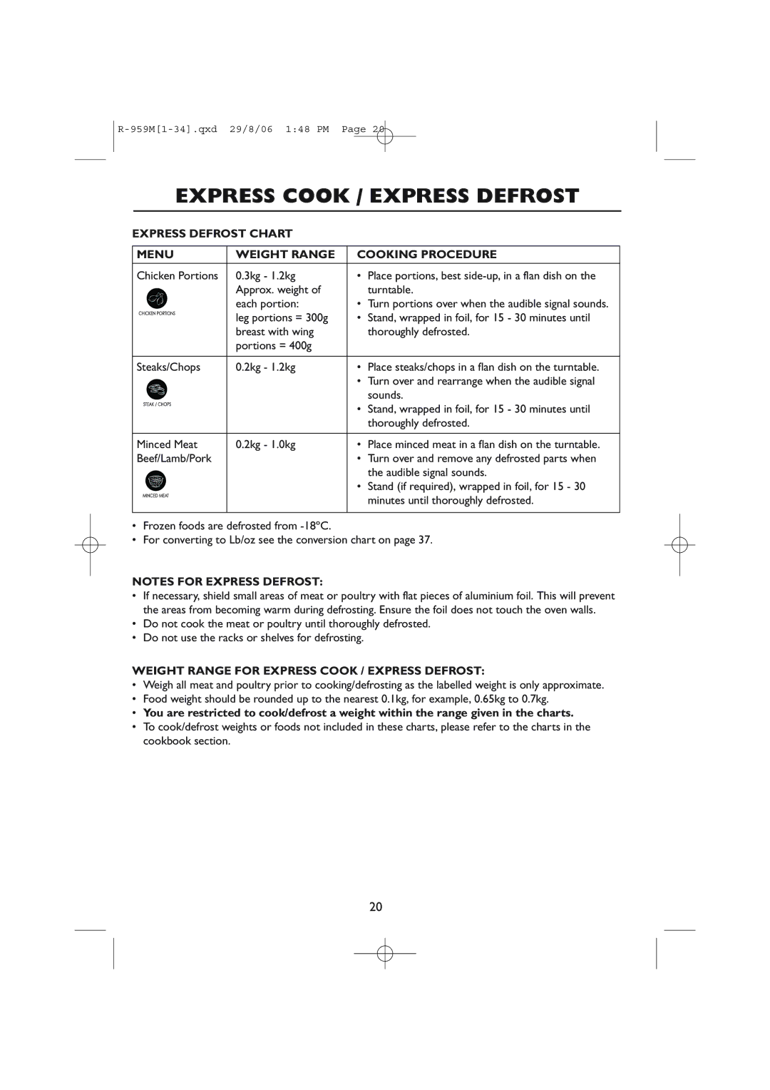 Sharp R-98STM-A Express Defrost Chart Menu Weight Range Cooking Procedure, Weight Range for Express Cook / Express Defrost 