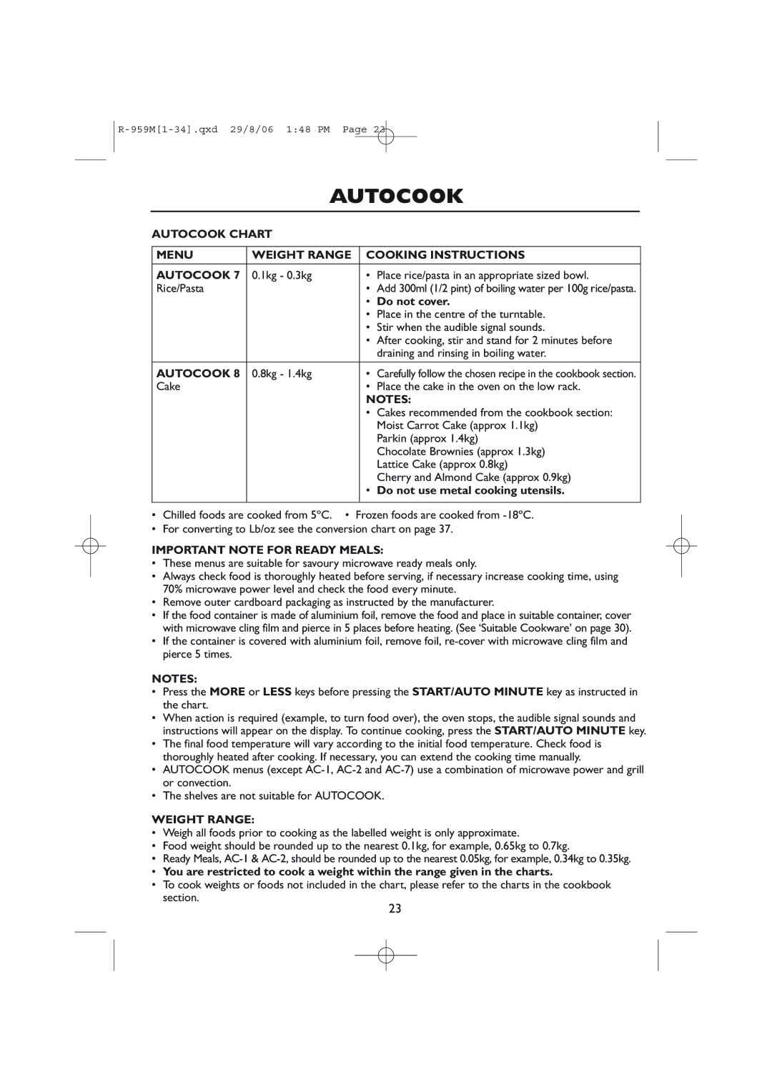 Sharp R-959M, R-98STM-A operation manual Do not cover, Do not use metal cooking utensils, Important Note for Ready Meals 