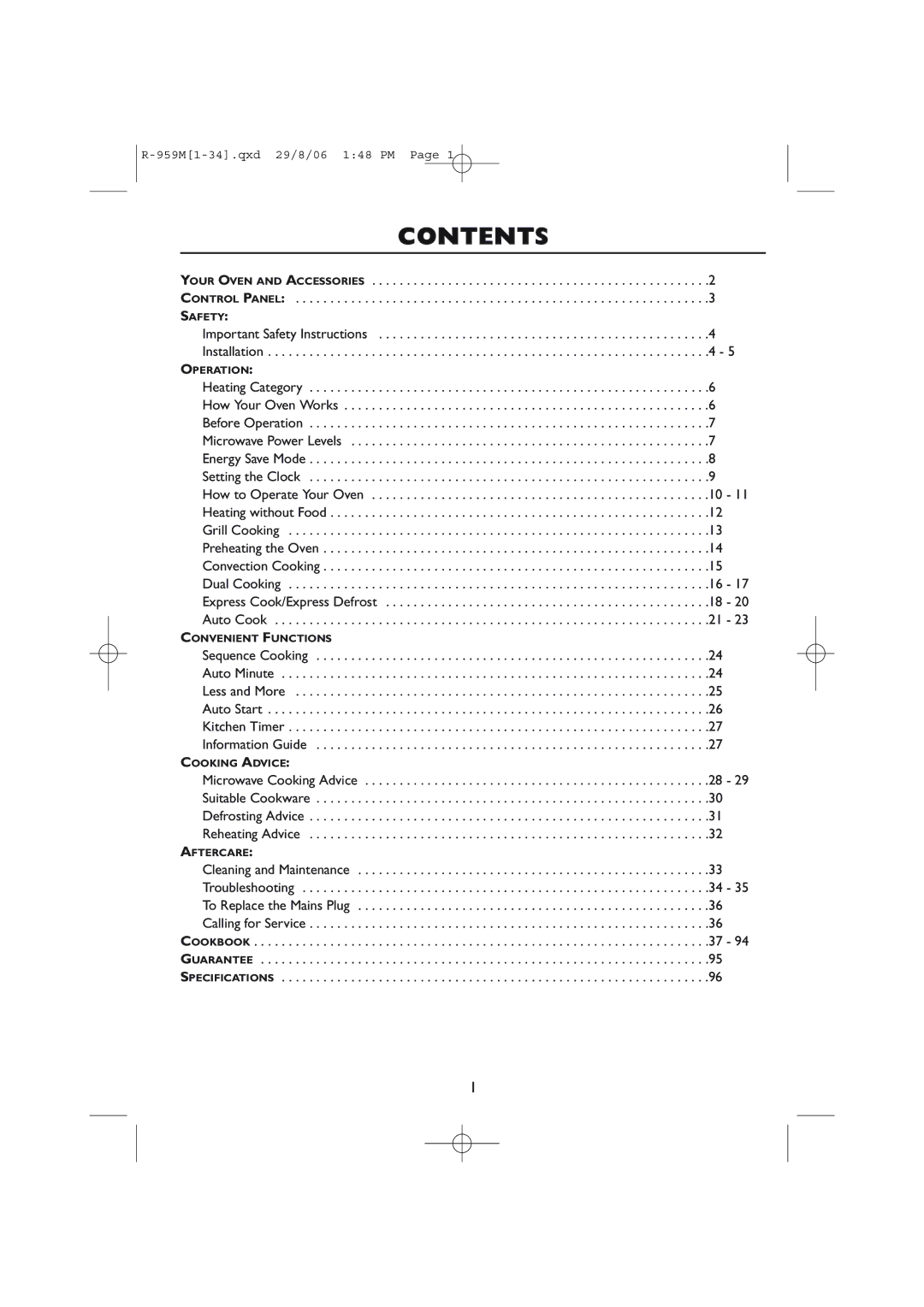 Sharp R-959M, R-98STM-A operation manual Contents 