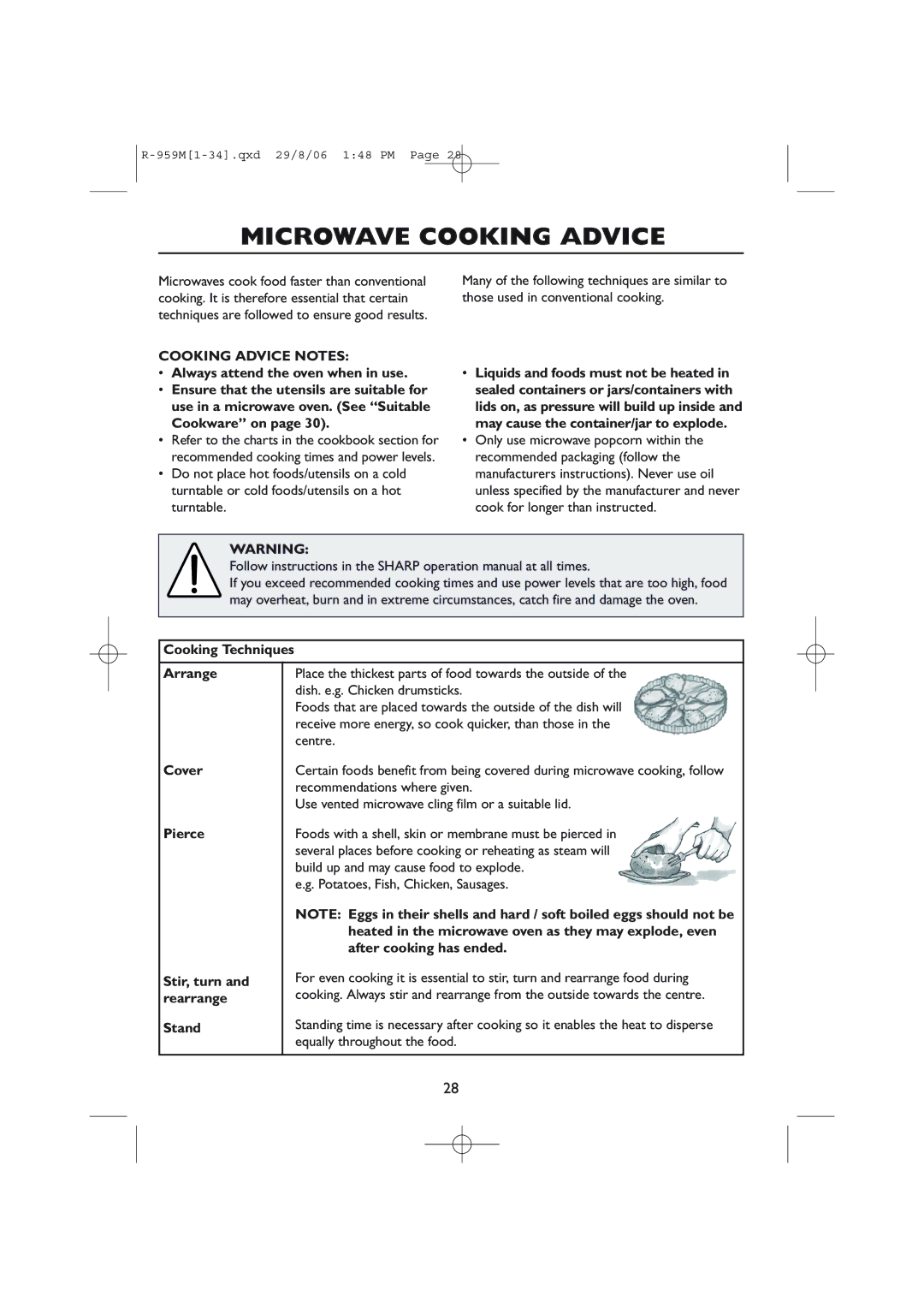 Sharp R-98STM-A, R-959M operation manual Microwave Cooking Advice, Cooking Advice Notes 