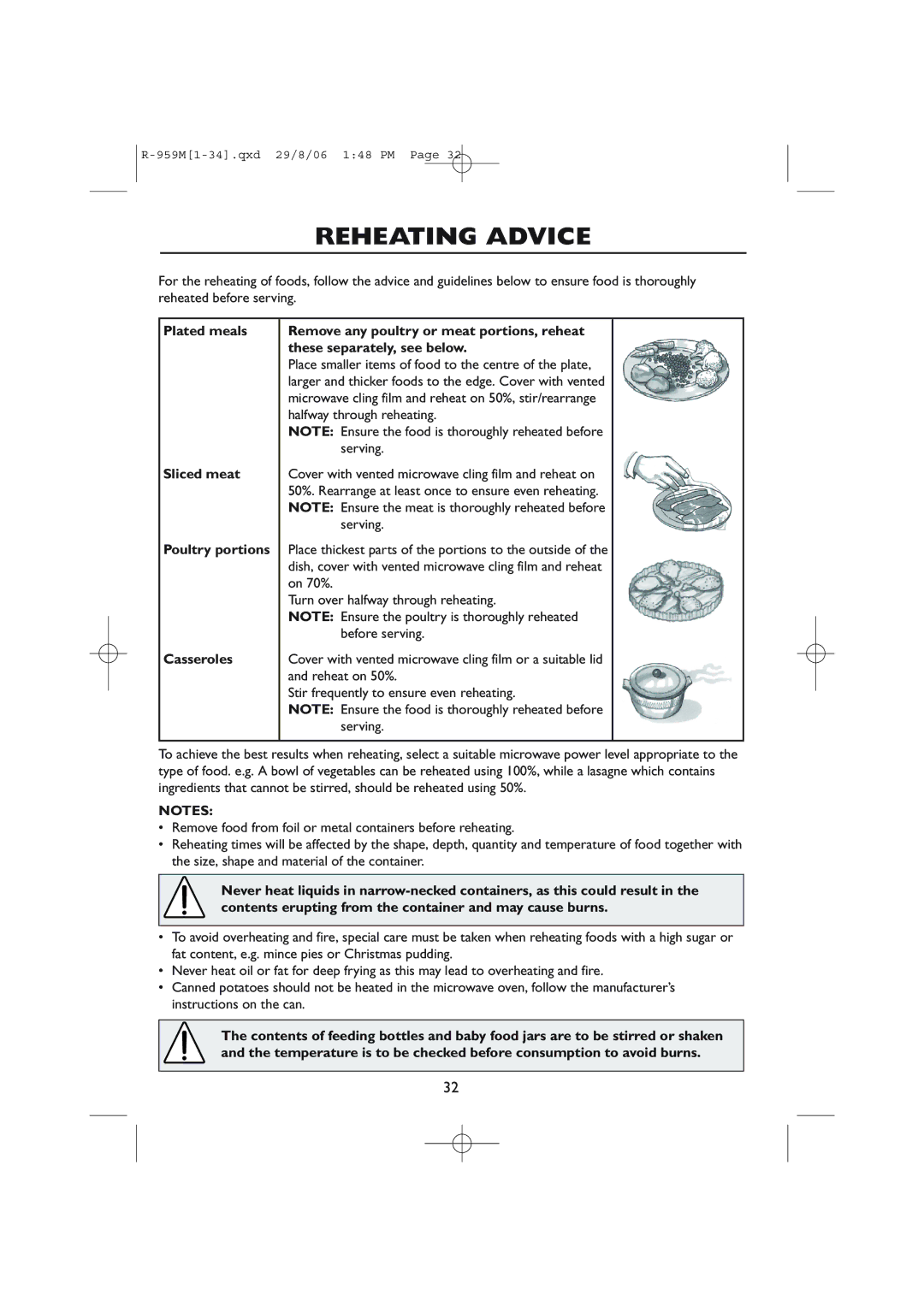 Sharp R-98STM-A, R-959M operation manual Reheating Advice 