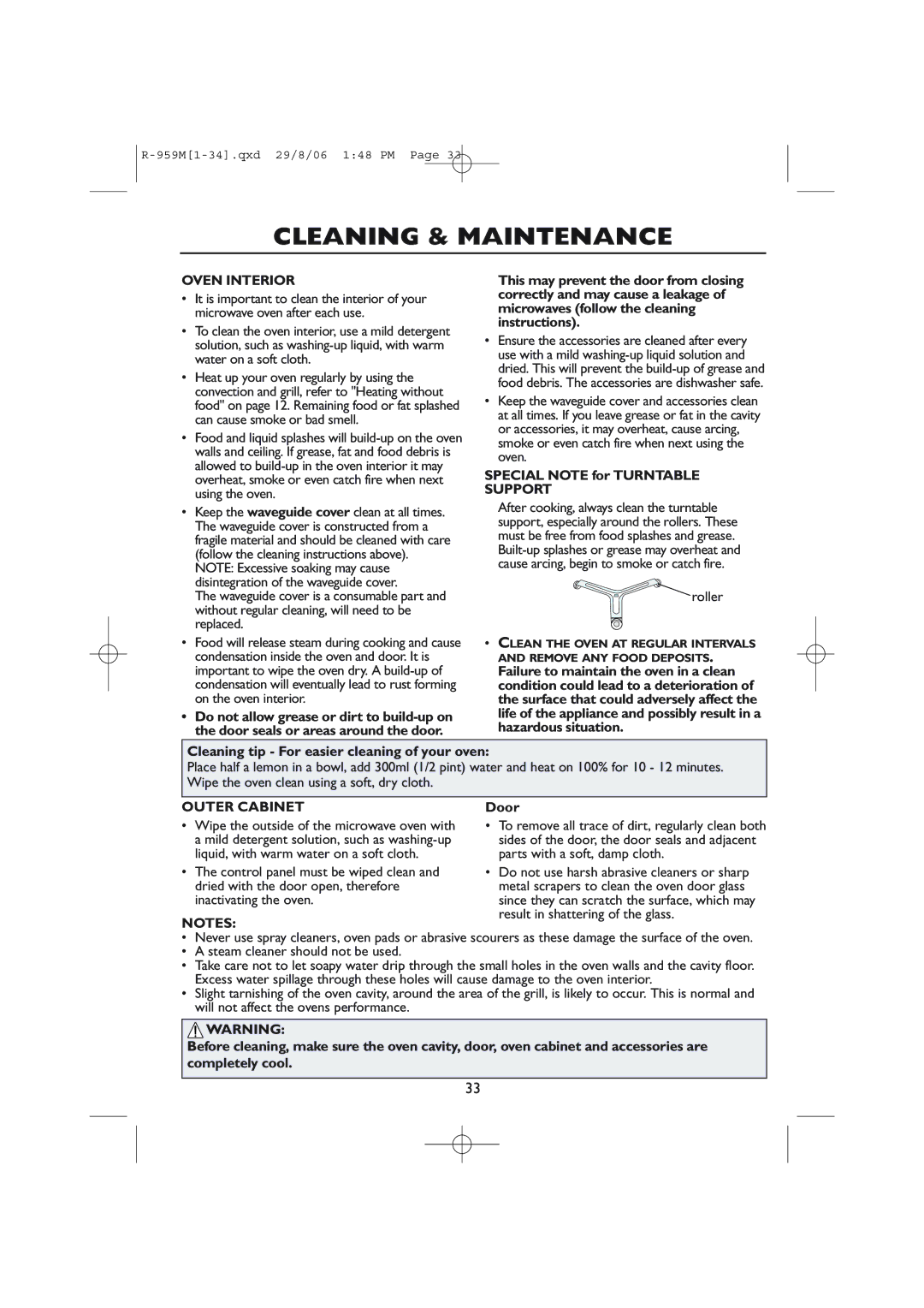 Sharp R-959M, R-98STM-A Cleaning & Maintenance, Oven Interior, Special Note for Turntable Support, Roller, Outer Cabinet 