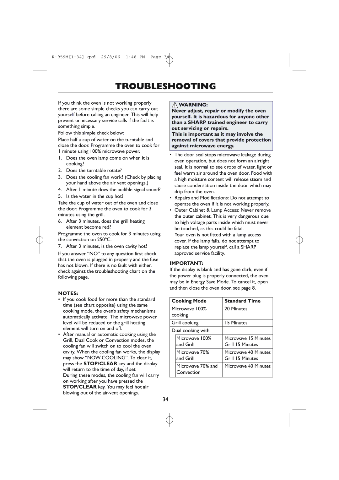 Sharp R-98STM-A Troubleshooting, Follow this simple check below, Cooking Mode Standard Time, Grill Grill 15 Minutes 