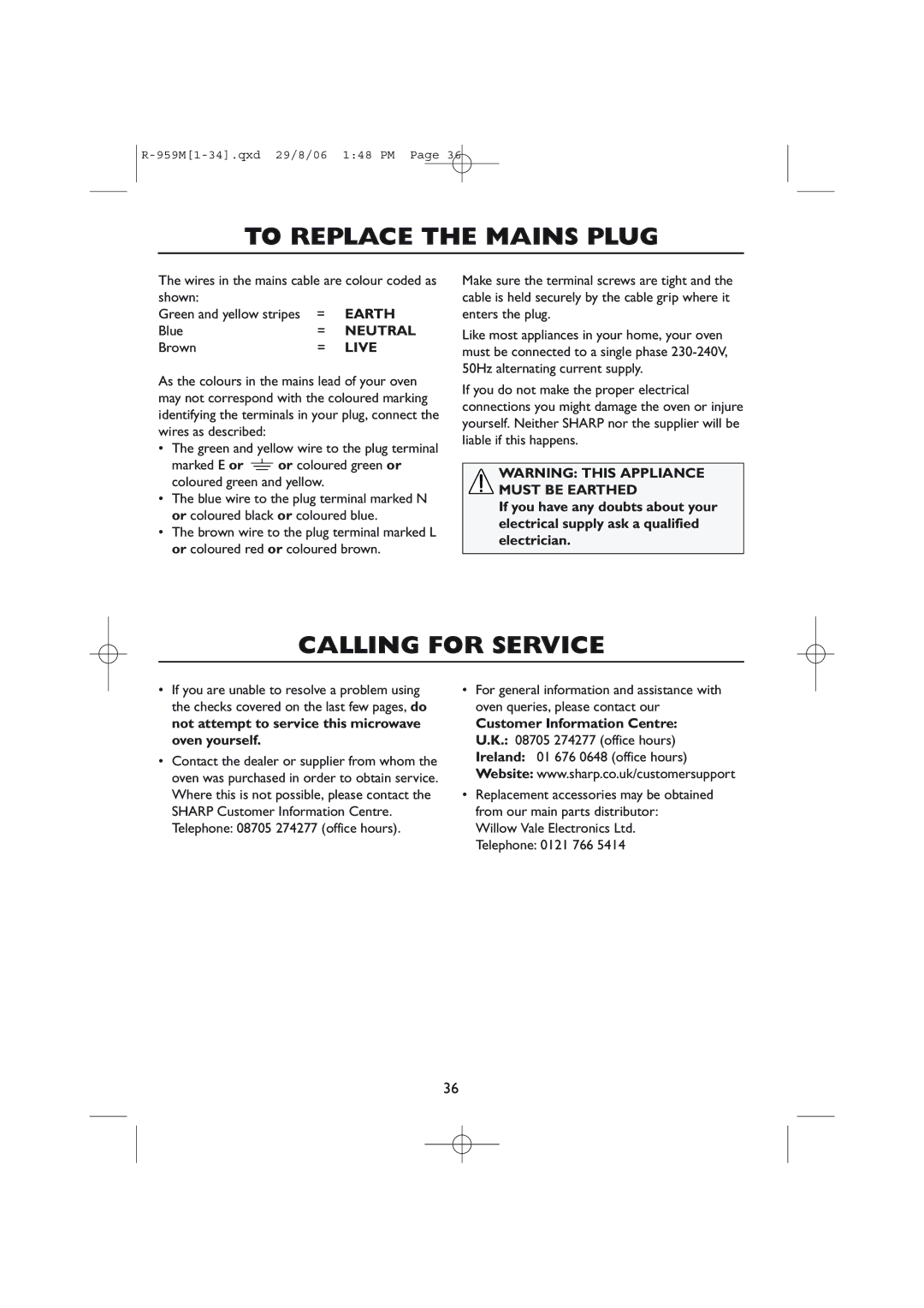 Sharp R-98STM-A, R-959M operation manual To Replace the Mains Plug, Calling for Service, Earth, Neutral, Live 