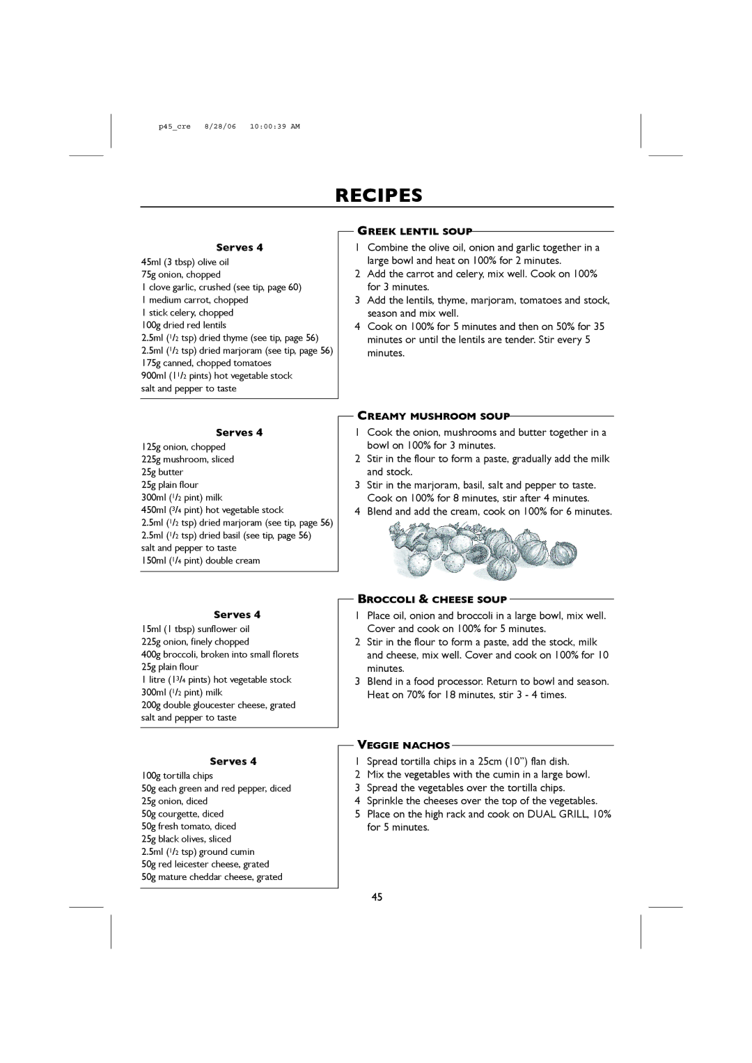 Sharp R-959M, R-98STM-A operation manual Recipes, Serves, Blend and add the cream, cook on 100% for 6 minutes 