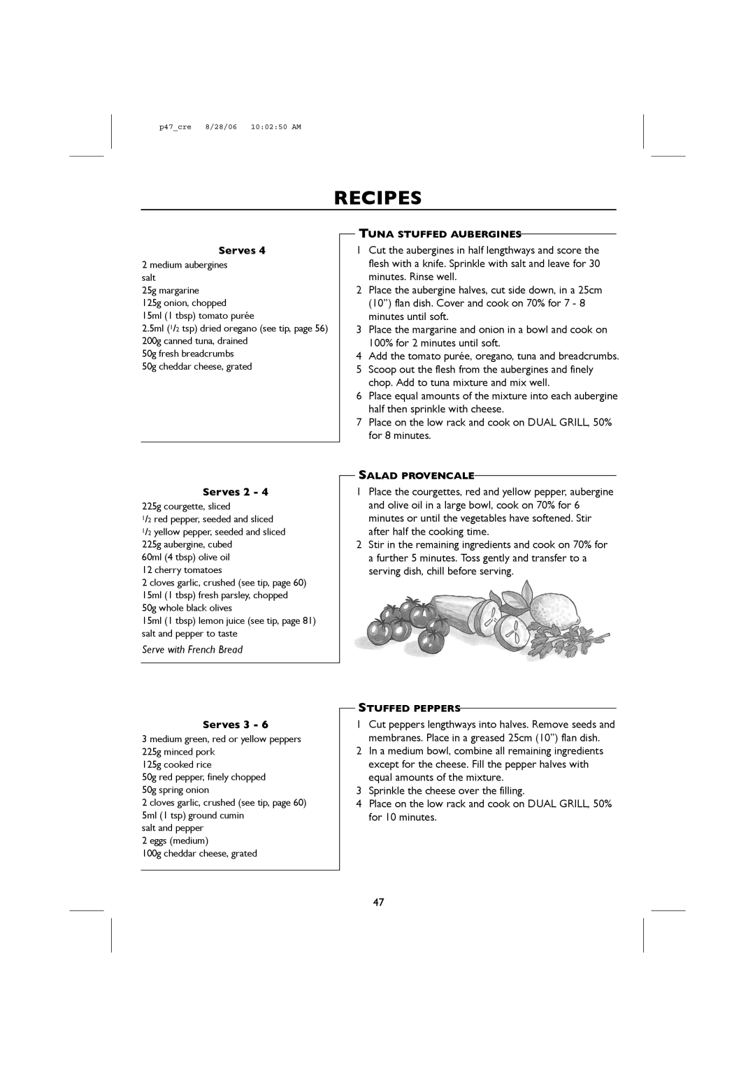 Sharp R-959M, R-98STM-A Serve with French Bread, Tuna Stuffed Aubergines, Salad Provencale, Stuffed Peppers 