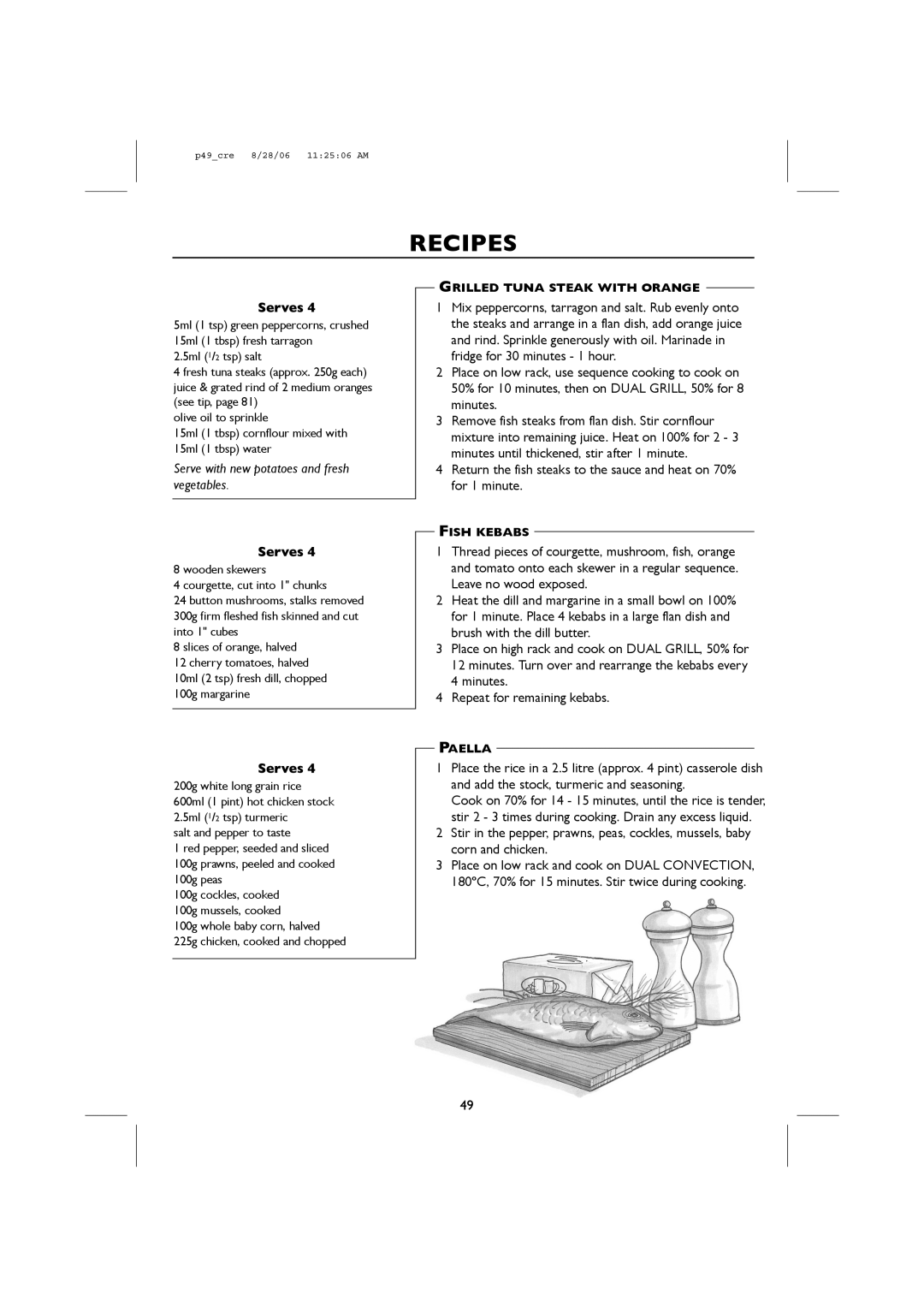 Sharp R-959M, R-98STM-A Serve with new potatoes and fresh vegetables, Grilled Tuna Steak with Orange, Fish Kebabs, Paella 