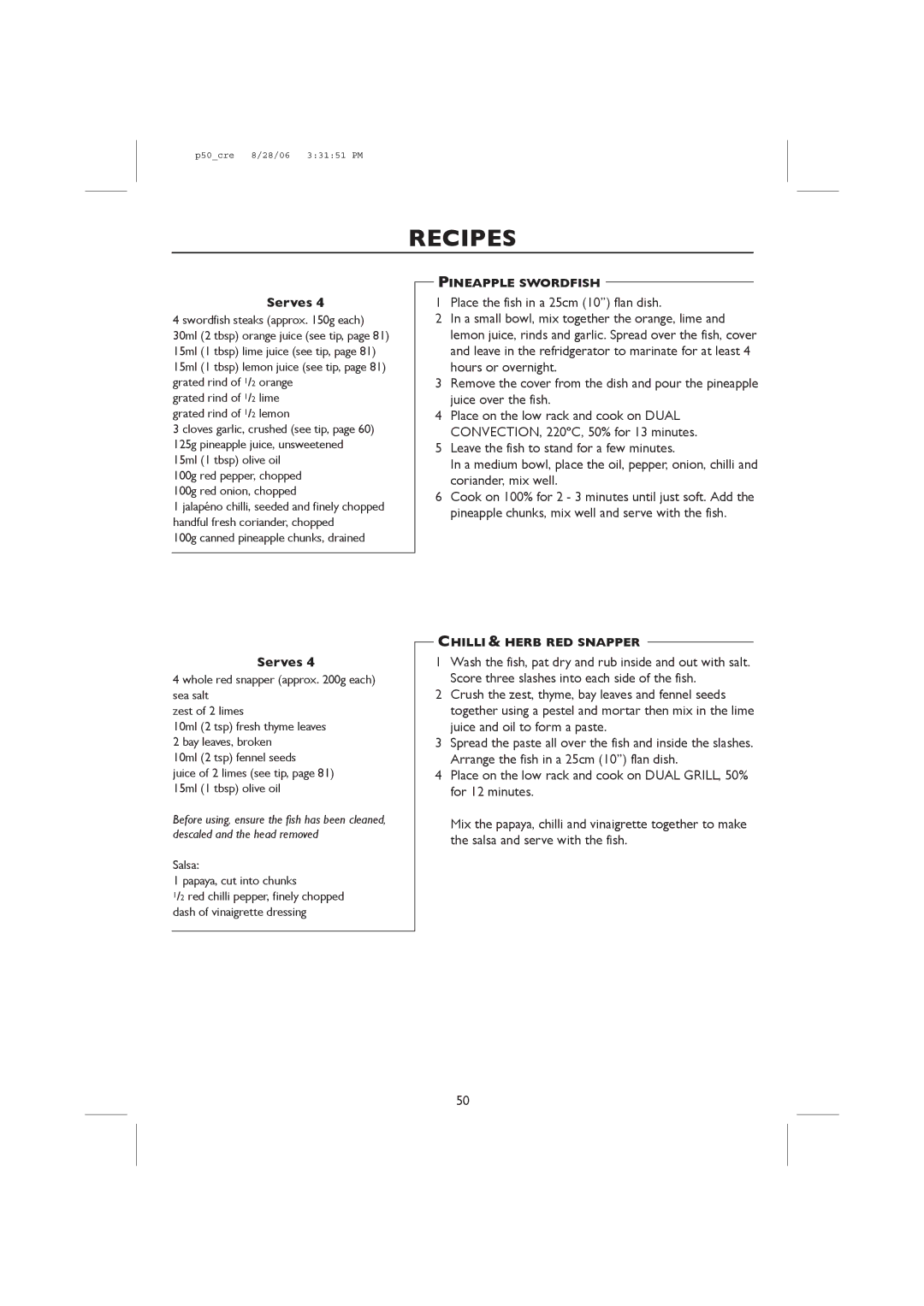 Sharp R-98STM-A, R-959M operation manual Pineapple Swordfish, Chilli & Herb RED Snapper 